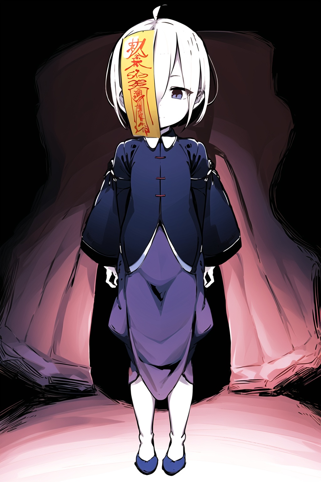 1girl,wsjs,jiangshi,chinese zombie,empty eyes,ofuda,spell,jiangshi costume,look at different places with both eyes,pale skin,full body,head paper,