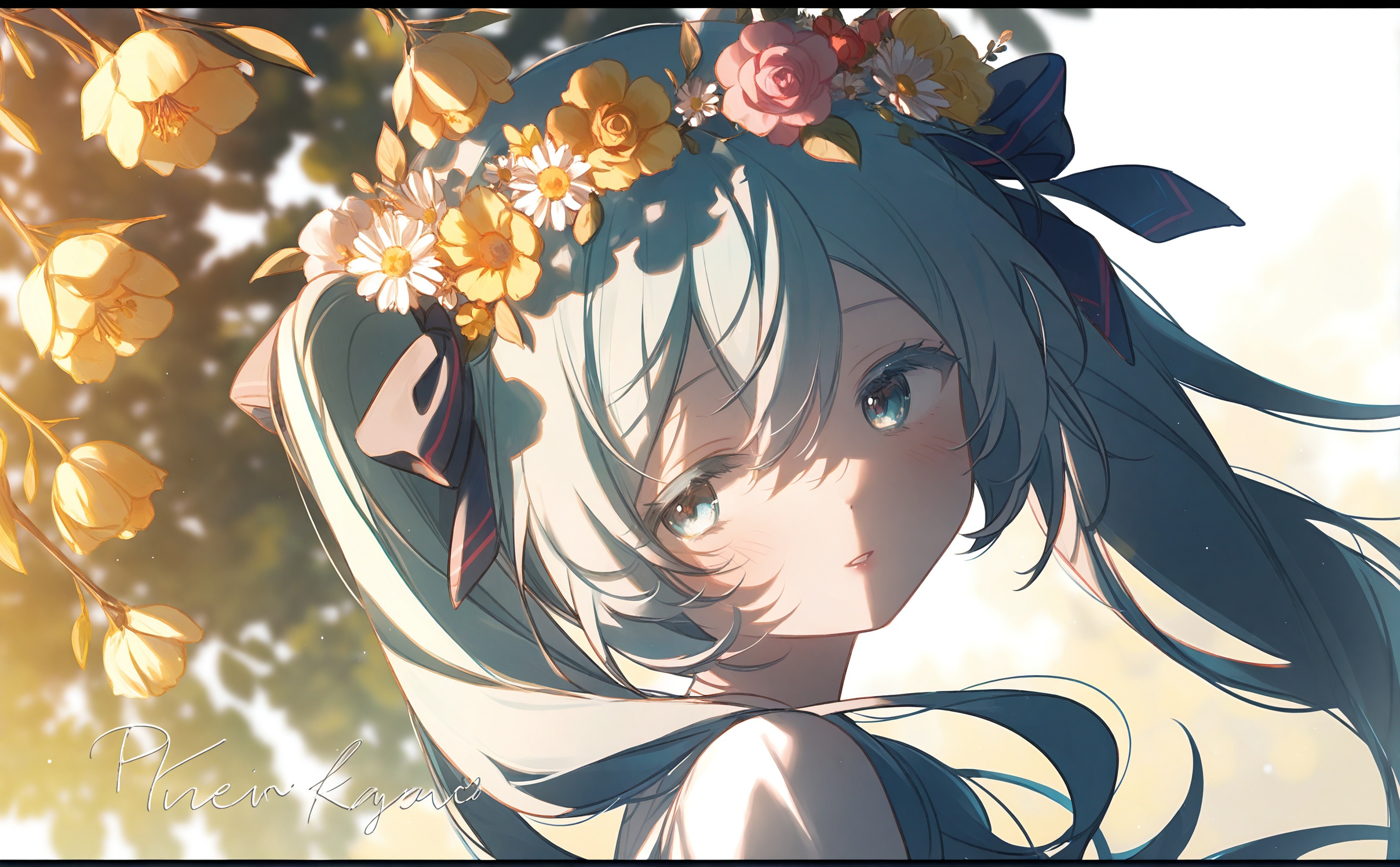 masterpiece,very aware,highres,absurdres,newest,best quality,loli,petite,high quality,chromatic_aberration,cinematic_angle,dutch angle,night,//,umehara,konya karasue,//,1girl,hatsune miku,solo,flower,long hair,hair ornament,dappled sunlight,branch,red flower,rose,leaf,blurry,white flower,hair between eyes,hair flower,red rose,aqua hair,aqua eyes,upper body,looking at viewer,blurry background,sunlight,depth of field,parted lips,head wreath,from side,portrait,ribbon,half-closed eyes,backlighting,english text,pink flower,closed mouth,flower wreath,sidelighting,blue eyes,hair ribbon,character name,yellow flower,blue hair,expressionless,outdoors,blush,shade,yellow rose,looking to the side,eyelashes,daisy,twintails,border,pink rose,looking up,plant,white rose,sideways glance,shirt,light particles,looking back,blue ribbon,tree shade,black border,day,close-up,light smile,very long hair,orange flower,bokeh,colored eyelashes,lips,shadow,head tilt,bloom,tree,light blush,miku day,<lora:Zitong neko:1>,