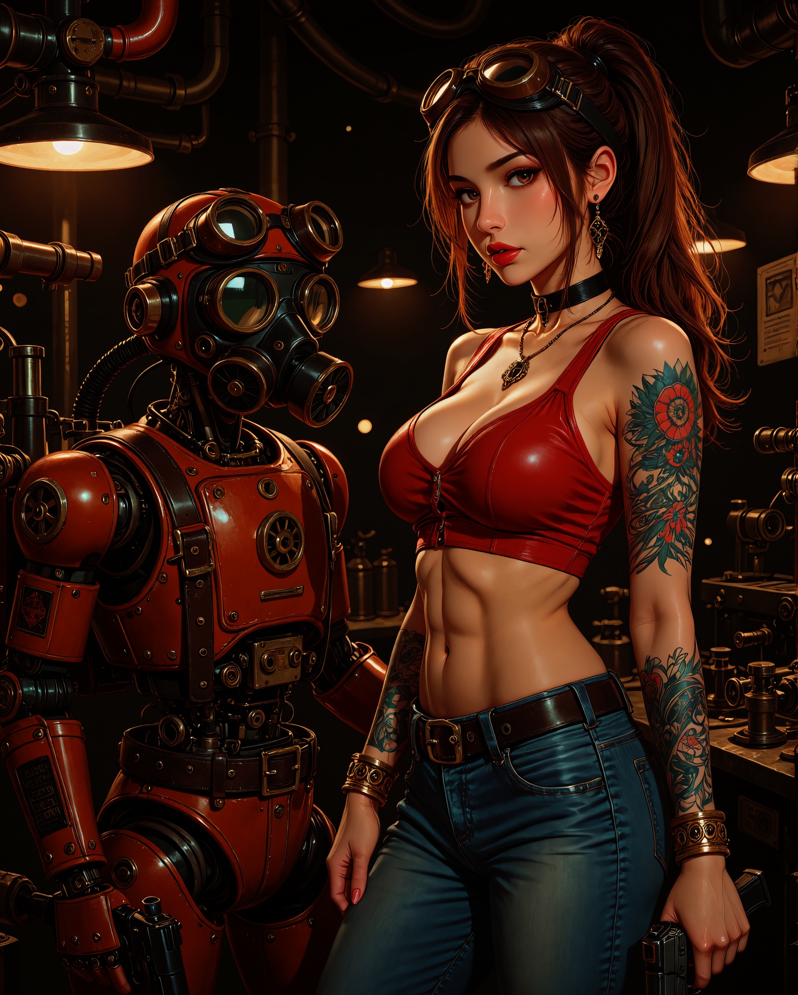 A photo-realistic shoot from the side about a woman in a steampunk-inspired setting,  wearing a red crop top and jeans,  s...