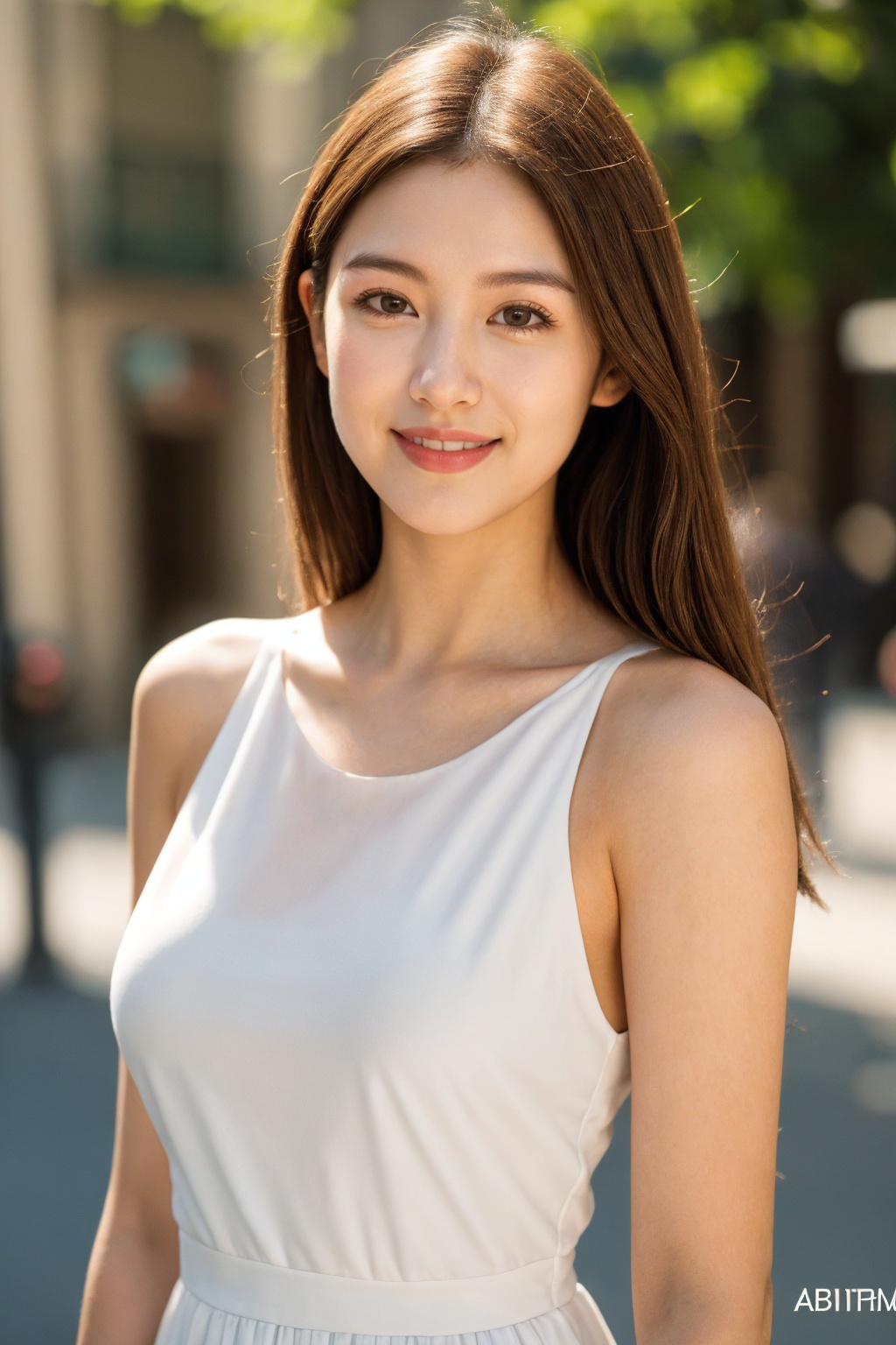 1girl, solo, realistic, brown hair, looking at viewer, dress, long hair, smile, white dress, brown eyes, photorealistic, blurry background, upper body, lips, blurry, sleeveless, breasts, bare shoulders, sleeveless dress, closed mouth, medium breasts