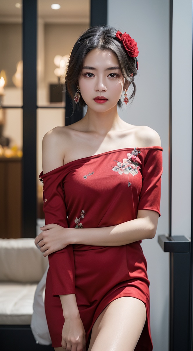 1girl,hair ornament,solo,flower,hair flower,candle,earrings,jewelry,black hair,black eyes,blurry,lips,red lips,looking at viewer,tassel,depth of field,makeup,realistic,(red_clothes:1.3),chinese clothes,floral print,upper body,medium breasts,off-the-shoulder,