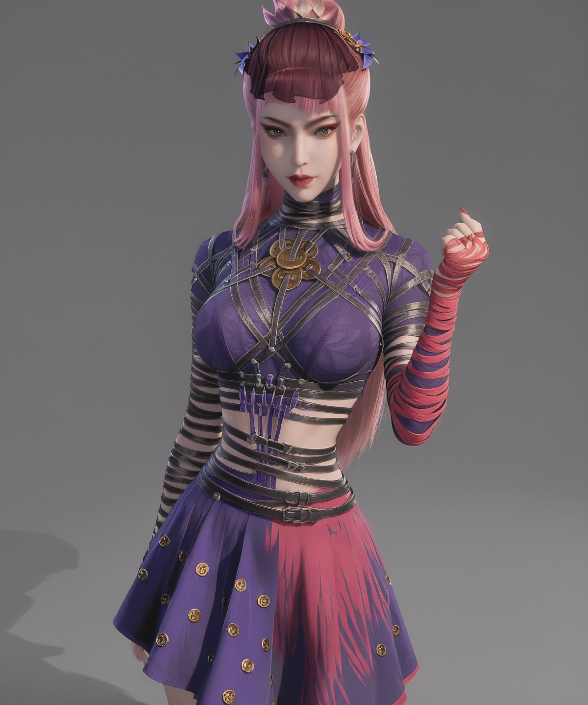 score_9,<lora:SF_JiangChen_Pony_XMM-000004:0.7>,purple dress,hair ornament,bangs,pink hair,red lips,crop top,eyeshadow,mole under eye,1girl,breasts,large breasts,skirt,standing,solo,belt,red bandaged arm,looking at viewer,simple background,black footwear,