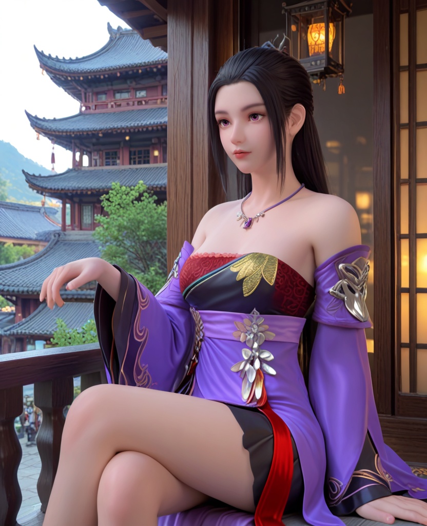 (oriental architecture, elegant decor, sophisticated style:1.1),(Sitting on a windowsill, legs dangling outside, lost in thought,:1.1),(breasts:1.2),<lora:XL雪鹰领主孔悠月:0.95>,miss kongyouyue,purple paired with black strapless dress,black hair,long hair,jewelry,detached sleeves,purple eyes,double cuffs,red bra,sash,eyelashes,, score_9,score_8_up,score_7_up,score_6_up,score_5_up,score_4_up,3d rendering,tag1,tag2, Cinematic Lighting,backlighting,