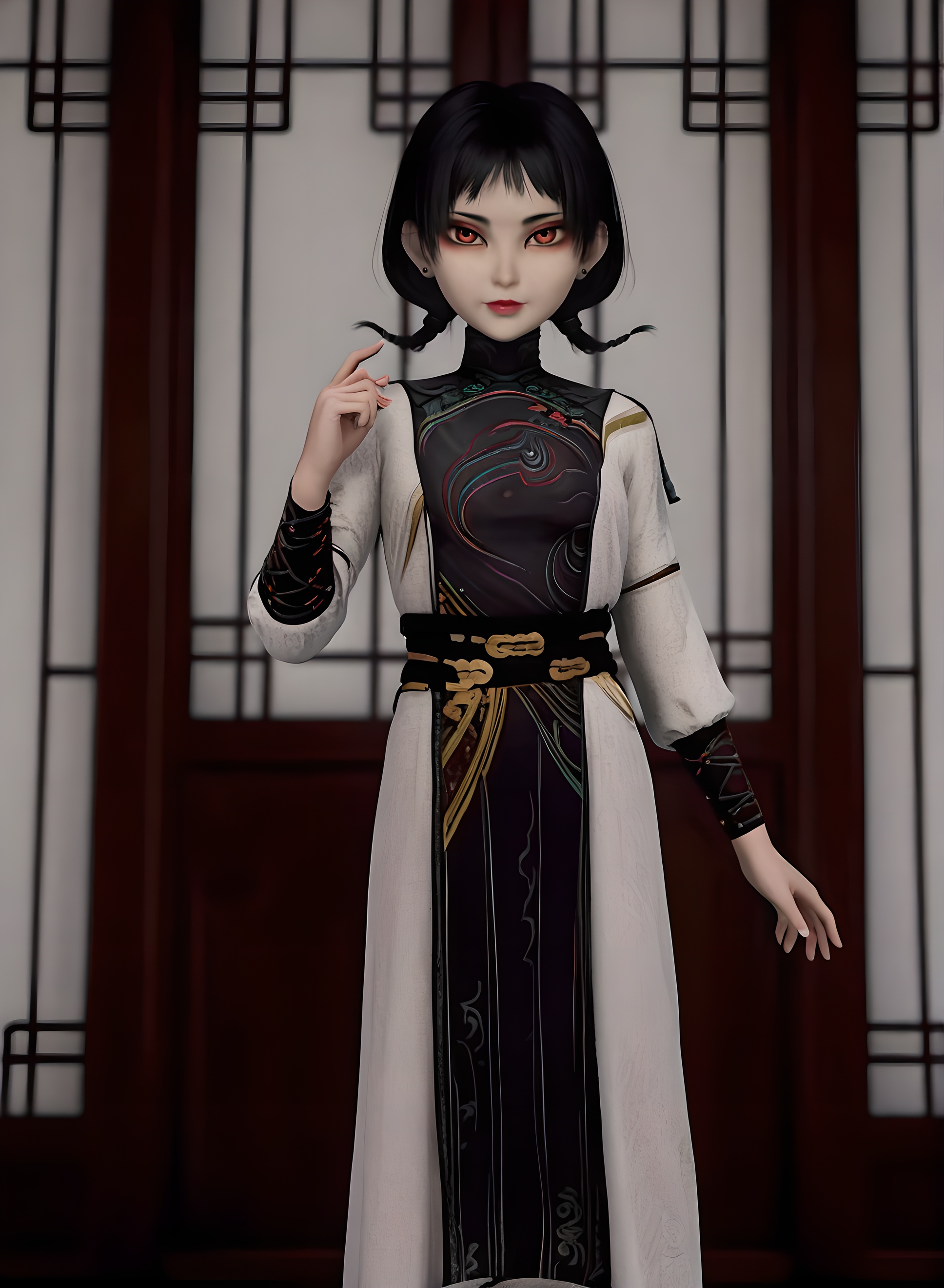 fair_skin,white_skin,Ivory_skin,score_9,<lora:SF_AJie_Pony_Realism-000003:0.72>,dress,chinese clothes,black hair,bangs,braid,1girl,breasts,standing,short hair,makeup,earrings,long sleeves,solo,looking at viewer,simple background,