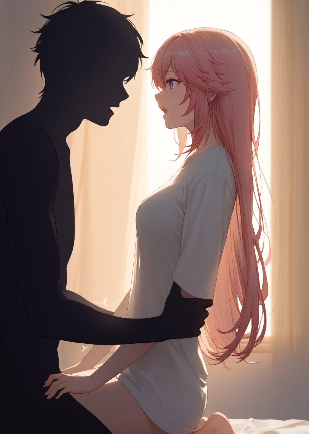 score_9,score_8_up,score_7_up,score_6_up,score_5_up,score_4_up,masterpiece,best quality,ultra-detailed,very aesthetic,absurdres,yae miko(genshin impact),(silhouette:1.3),(backlighting:1.3),shadow,dramatic_Shadow,overexposure,Ray tracing,sunbeam,black skin,against backlight at dusk,sun set,indoor,1girl,solo,nsfw,dynamic angle,close-up,medium breasts,profile,arms grab,barefoot,oversized_clothes,shirt,sex,girl_on_top,cowboy position,arched back,leaning back,open mouth,trembling,windows,curtains,
