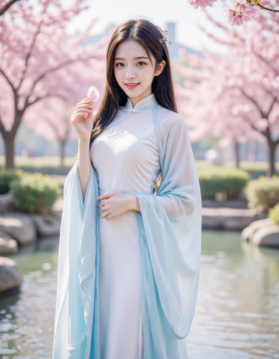 This is a high-resolution photograph featuring a young Asian woman standing in a serene outdoor setting, likely a garden or park, during springtime. She is dressed in a traditional Chinese qipao, a long, flowing gown with a high collar and wide sleeves. The gown is made of a soft, pastel blue fabric with a subtle gradient, transitioning from a pale blue at the top to a deeper, more vibrant blue at the bottom. The sleeves are long and loose, with white linings that add a touch of contrast.The woman has long, straight black hair, styled with a traditional hairpin, and she wears a gentle, natural smile. She holds a single peach blossom petal in her right hand, delicately lifting it towards her face. The background showcases a serene pond with gently rippling water, and the surrounding area is adorned with blooming cherry blossom trees, their branches laden with soft flowers. The sky above is clear and bright, suggesting a sunny day. The overall atmosphere of the photograph is calm, peaceful, and full of natural beauty, enhanced by the soft pastel colors and the delicate textures of the fabric and peach blossoms.