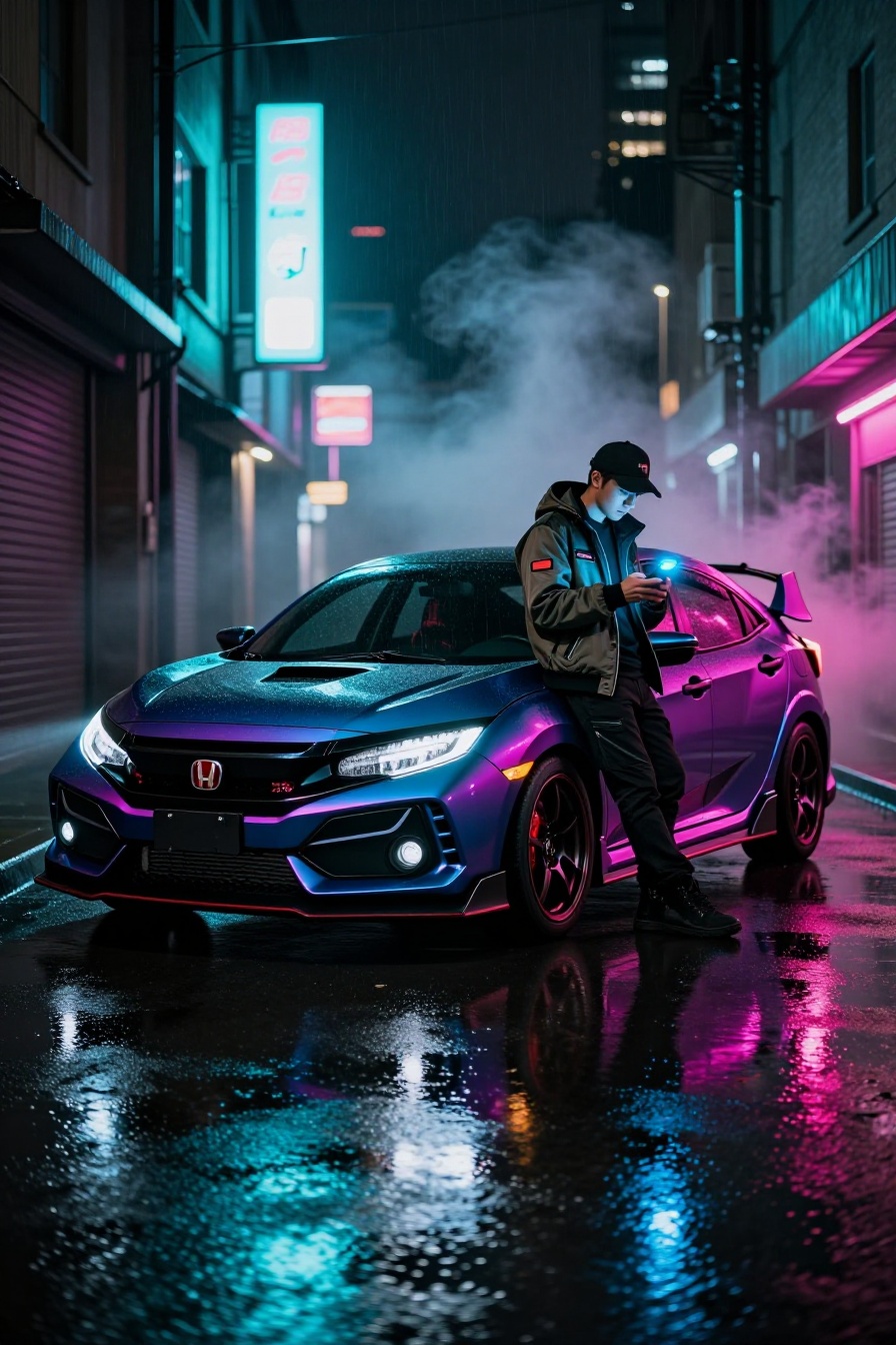 A cinematic wide shot of a modified aggressive Honda Civic Type-R parked in a rain-slicked dark alleyway at night. A drive...