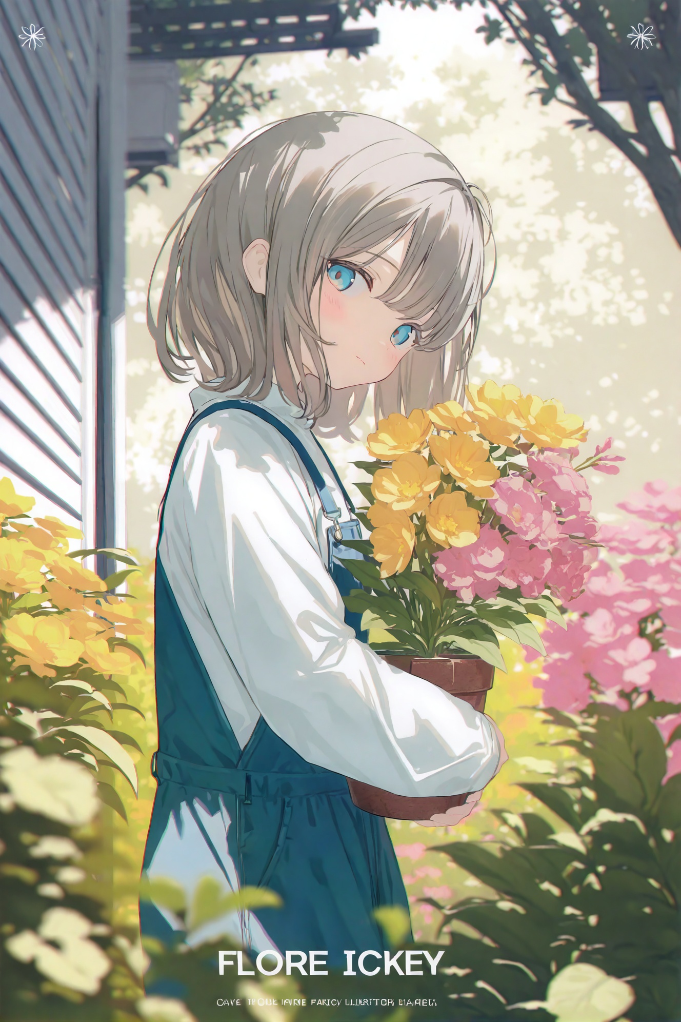 loli,1girl,solo,looking at viewer,flower,plant,outdoors,holding,white shirt,shirt,long sleeves,grey hair,tree,overalls,flower pot,potted plant,pink flower,yellow flower,day,blurry,from side,english text,building,short hair,looking to the side,copyright name,copyright notice,bush,closed mouth,medium hair,garden,blue eyes,blush,blue overalls,leaf,(masterpiece,best quality,highres,absurdres,best quality,amazing quality,very aesthetic,absurdres),