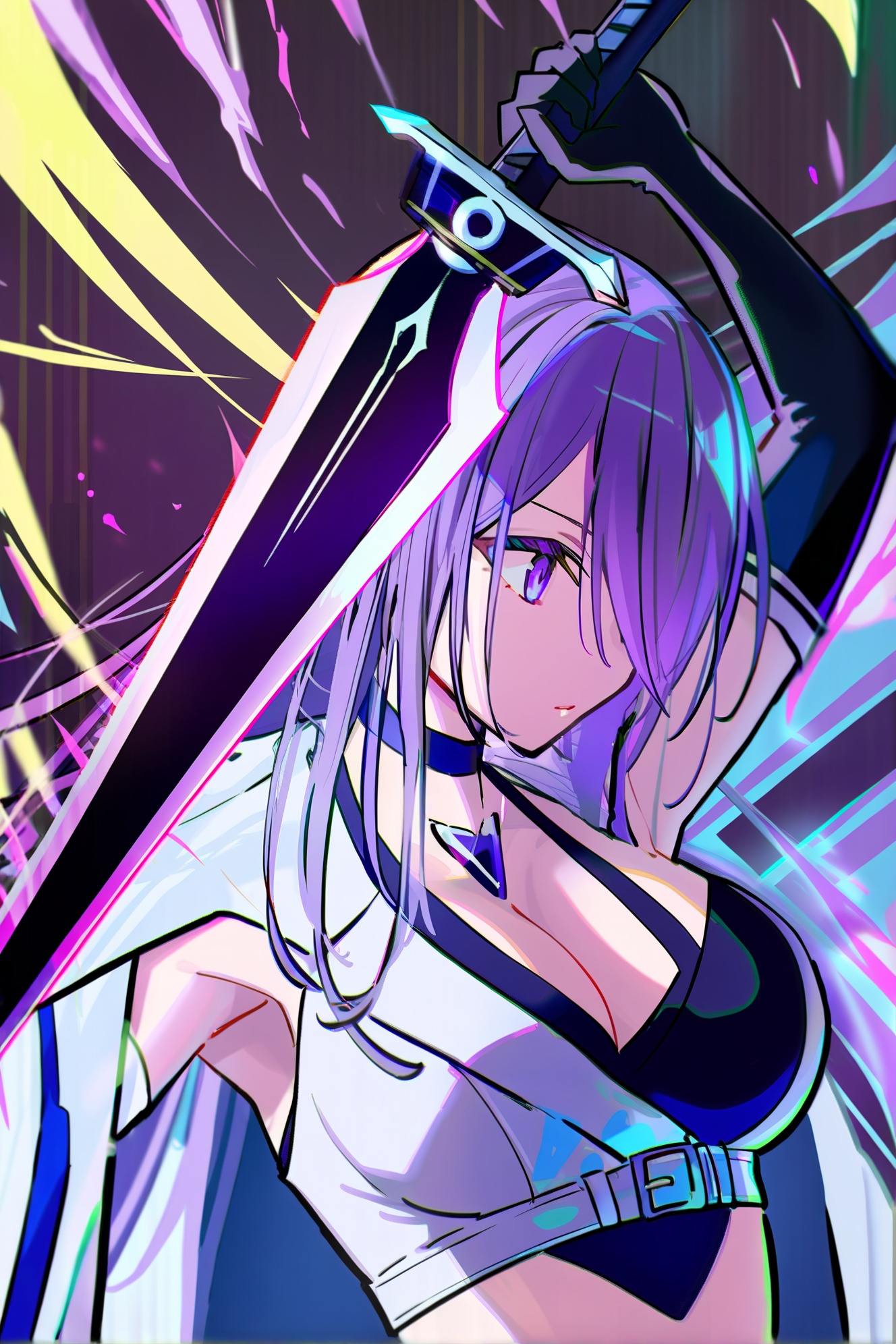 1girl,purple hair,breasts,purple eyes,solo,long hair,gloves,hair over one eye,elbow gloves,weapon,upper body,sword,holding,cleavage,holding weapon,black gloves,holding sword,crop top,white coat,armpits,large breasts,choker,arm up,