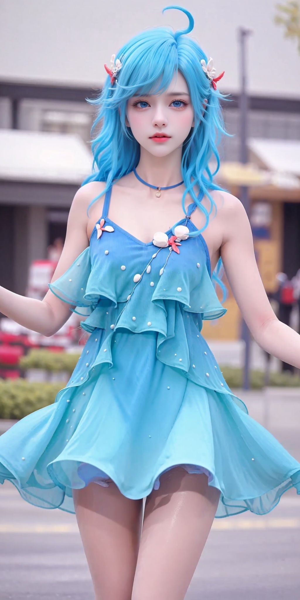 <lora:DUOLIYA_20231223040150:0.75>,DUOLIYA,1girl,blue hair,dress,long hair,(ahoge:1.1),barefoot,solo,blue dress,blue eyes,blue hair,outdoors,barefoot,ahoge,jewelry,hair ornament,bracelet,looking at viewer,bare shoulders,toes,toenails,blue dress,bare legs,bangs,blue eyes,hair ornament,<lora:danya-img-b:0.5>,, (raw photo:1.2),((photorealistic:1.4))best quality,masterpiece,illustration,an extremely delicate and beautiful,extremely detailed,CG,unity,8k wallpaper,Amazing,finely detail,masterpiece,best quality,official art,extremely detailed CG unity 8k wallpaper,absurdres,incredibly absurdres,huge filesize,ultra-detailed,highres,extremely detailed,beautiful detailed girl,cinematic lighting,1girl,pale skin,tall female,(perfect body shape),skinny body,Slender legs,