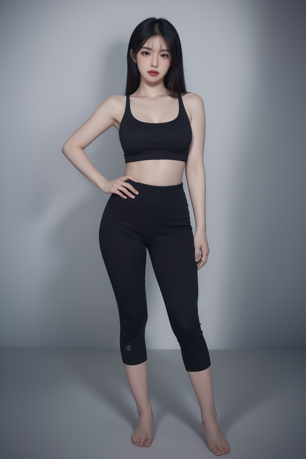 1girl, bare shoulders, barefoot, black hair, black nails, black pants, breasts, capri pants, crop top, full body, hand on hip, leggings, lips, long hair, makeup, midriff, nail polish, nose, pants, solo, sports bra, standing, toenail polish, toenails, yoga pants<lora:运动美女:0.66>