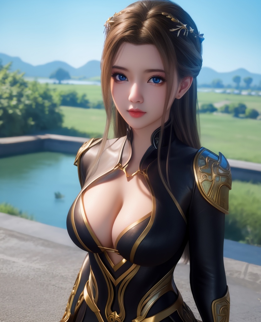 <lora:548-DA-师兄啊师克-碧霄:0.8>(,1girl, ,best quality, ),looking at viewer,  ,ultra detailed 8k cg, ultra detailed background,  ,masterpiece, (( , )) , lake,upper body,   (cleavage), (),