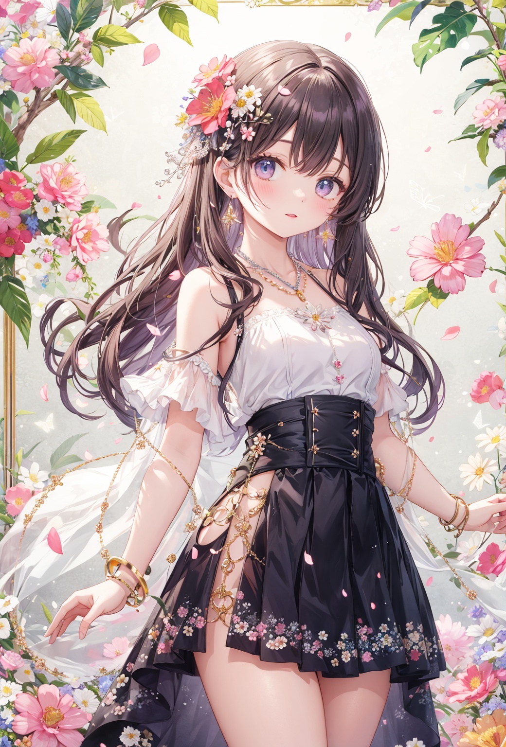 masterpiece,best quality,absurdres,1girl,beautiful detailed girl,fine and beautiful detailed skin,disheveled hair,long hair,high-waist_skirt,midriff,earrings,flower_bracelet,butterfly_hair_ornament,necklace,extremely detailed beautiful background,CG,8K wallpaper,flower,flower_bloom,plum_blossom,branch,cirrocumulus_stratiformis,fantasy,floral_background,foral_background,ray tracing,reflection light,