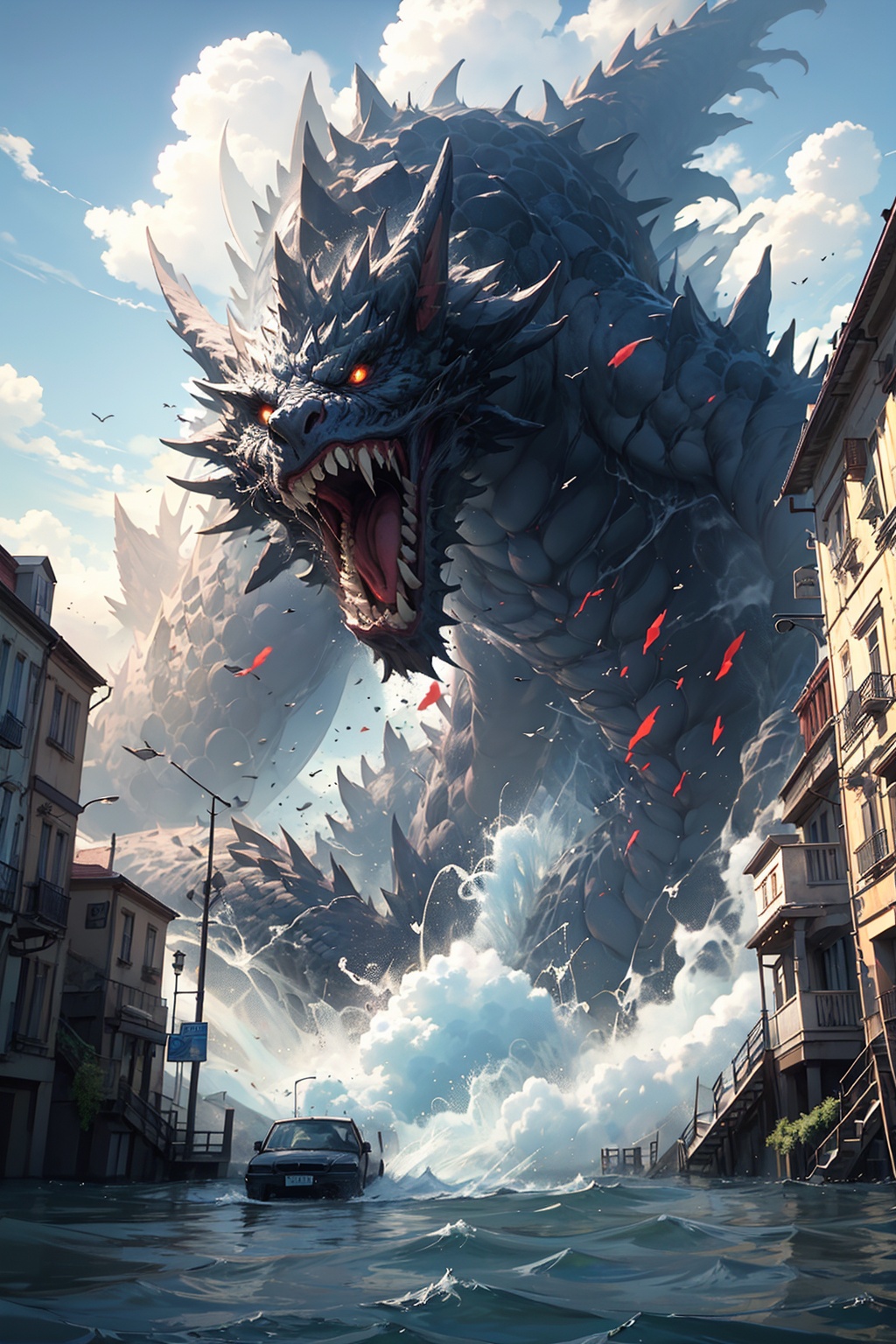 (8k, Best quality, Masterpiece), Super Detail, (High detail skin),  Monsters invade Earth, The head of a huge monster pokes out of the sky, An angry expression, Open your mouth., The surface is full of dilapidated buildings and rivers, The sea invades the city, Exquisite picture quality, The complicated details of a mistake., Immersive experiences, Ghibli style, Wide-angle lens shooting, Shoot down from the sky, The oppression of the cinematic lens, Huge picture, best quality, high details, HD, 16k<lora:怪物入侵:0.6>