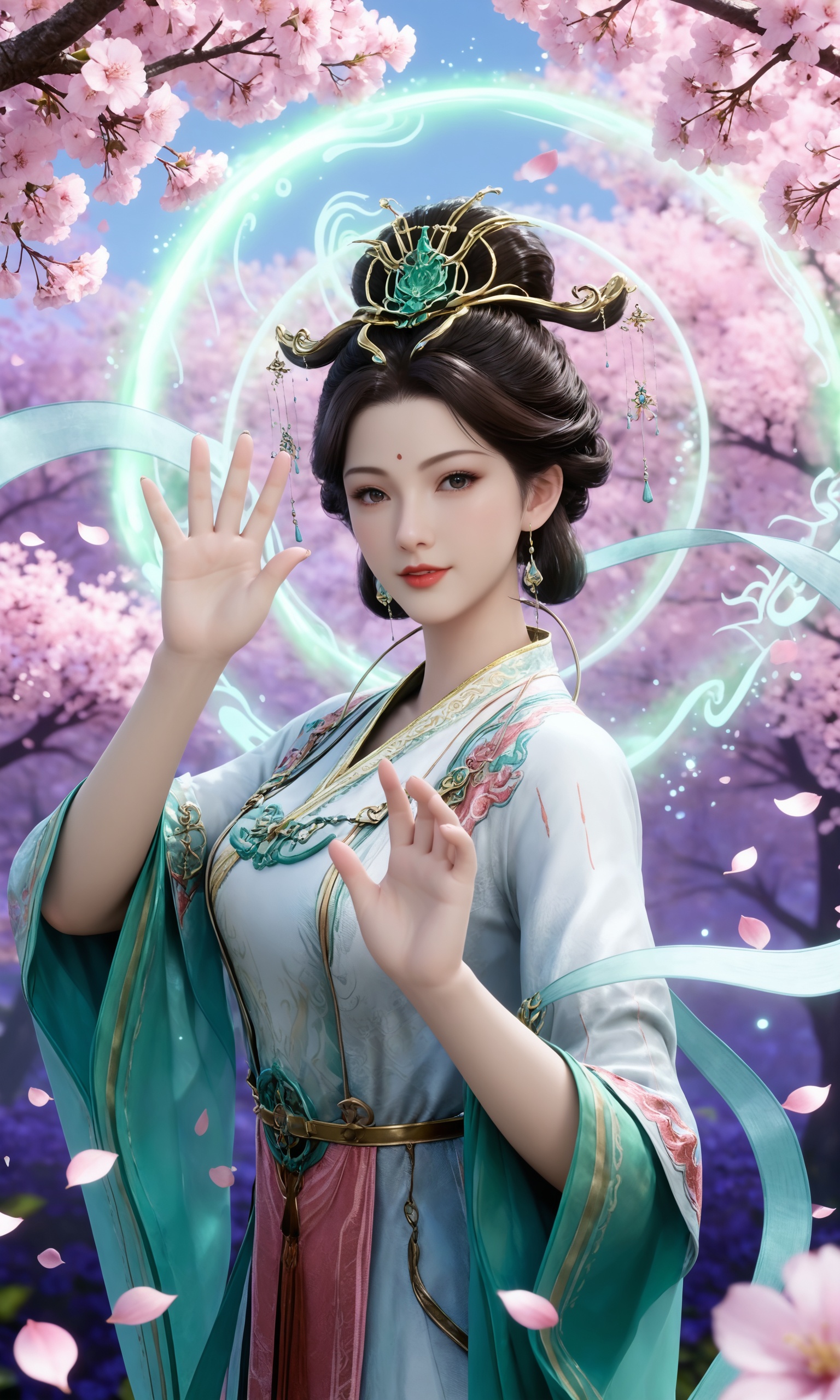 <lora:遮天-西王母Pony:0.7>,1girl,dark brown hair,updo,gold and green ornaments,long,flowing traditional Chinese dress with  green and white,accented with gold and red embroidery,wide sleeves,high collar,, masterpiece,best quality,solo,1girl,upper body,petals,looking at viewer,moon,branch,cherry blossoms,flower,extreme aesthetic,(quasarcake:0.7),masterpiece,best quality,good quality,newest,very aesthetic,absurdres,A shot with tension,(Visual impact,giving the poster a dynamic and visually striking appearance:1.2),impactful picture,offcial art,colorful,splash of color,movie perspective,, (arms_up:1.1),(waving:1.1),1girl,solo,gaden,the background is full of flowers,starry Nebula,beautiful detailed sky,looking at viewer,hand up,1girl,pale skin,