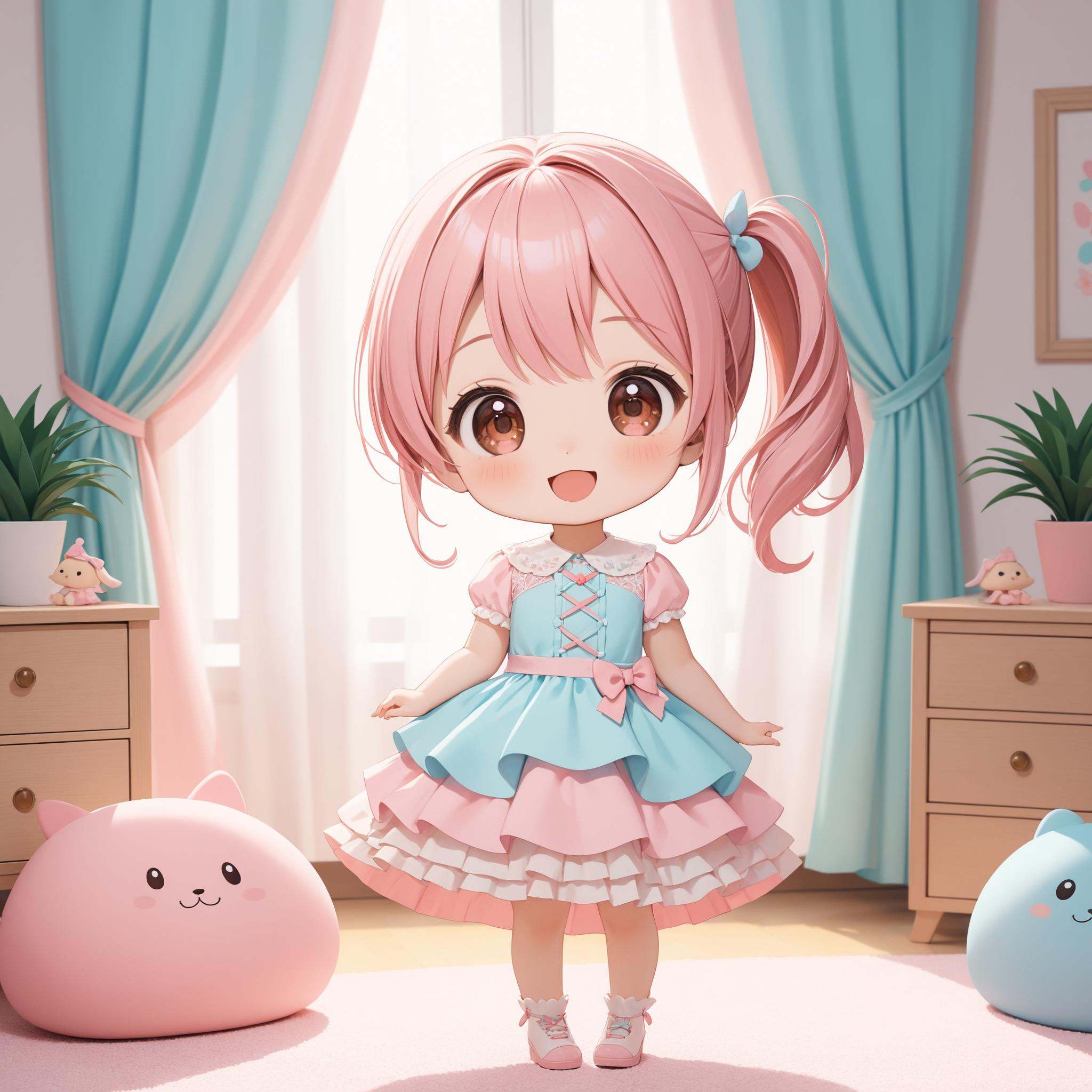 SceneDescription: - Composition: Full body shot. Cinematic angle. - Subject: A cute girl. - Characteristics: - Hair: Paste...