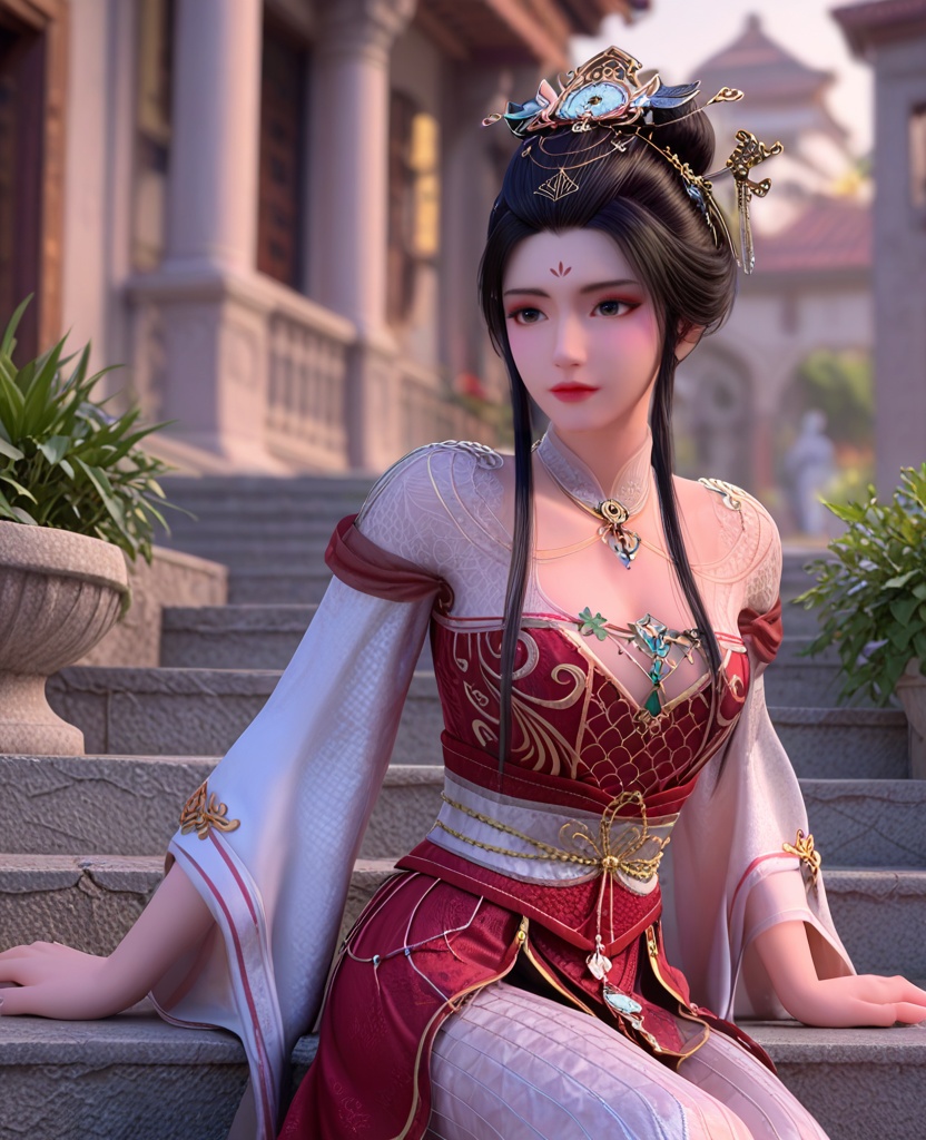 (oriental architecture, elegant decor, sophisticated style:1.1),(Sitting on a staircase, looking upward,:1.1),(breasts:1.2),<lora:XL暗河传医者白鹤淮:0.95>,miss baihehuai,chinese clothes,detached collar,red corset,red overskirt,hair bun,black hair,hair ornament,hanging hair,forehead mark,black eyes,shoulder mesh,jewelry,floral print,, score_9,score_8_up,score_7_up,score_6_up,score_5_up,score_4_up,3d rendering,tag1,tag2, Cinematic Lighting,backlighting,