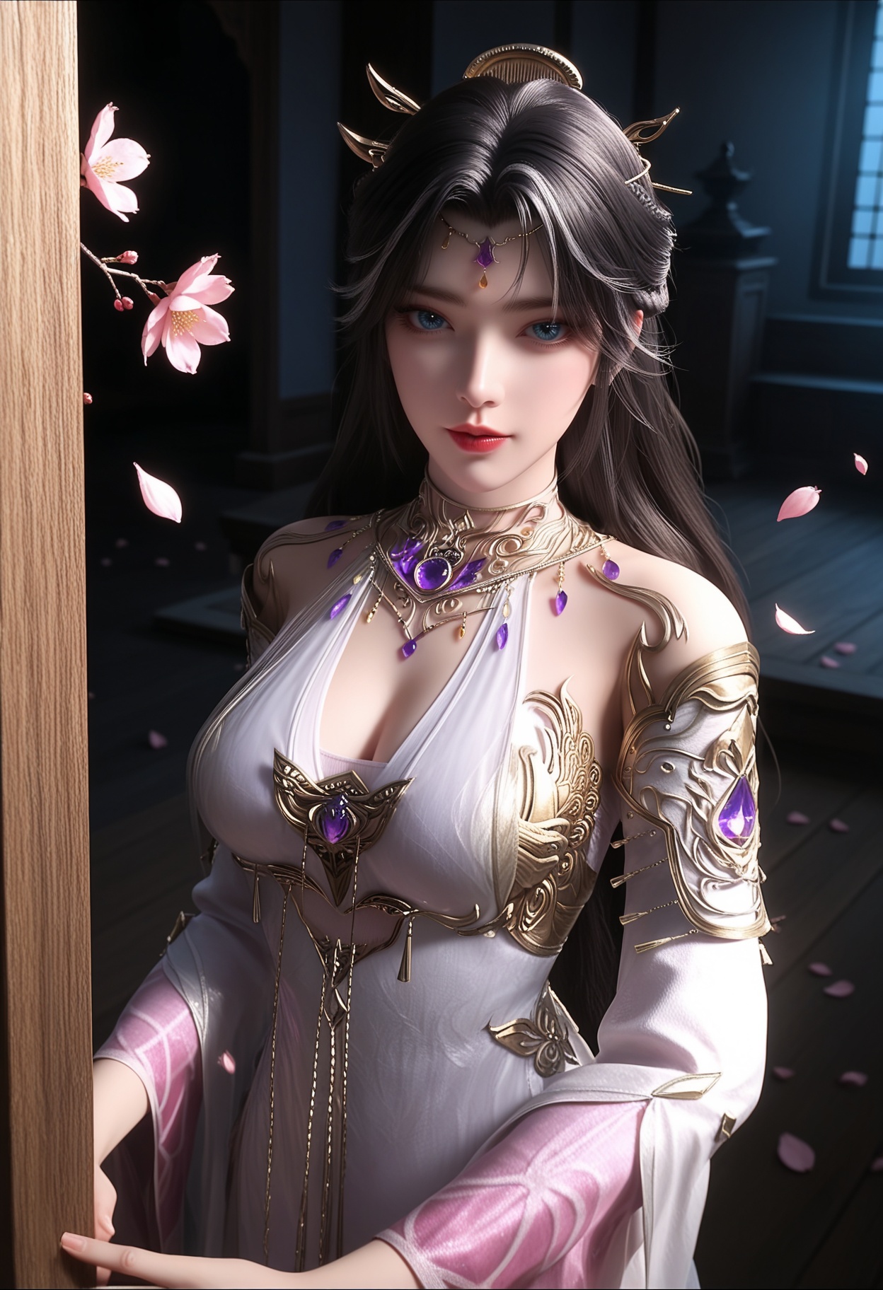 masterpiece,best quality,amazing quality,very aesthetic,high resolution,ultra-detailed,absurdres,scenery,photorealistic,(looking at viewer:1.1),upper body,(Dark room:1.3),(moody lighting:1.1),peach blossom,falling petals,(large breasts:0.8),monvzhenshen,1girl,solo,black hair,long hair,jewelry,dress,white dress,hair ornament,blue eyes,detached sleeves,bare shoulders,gem,realistic,necklace,braid,barefoot BREAK photorealistic details,<lora:QQSillmonvzhenshenV1:0.8>,