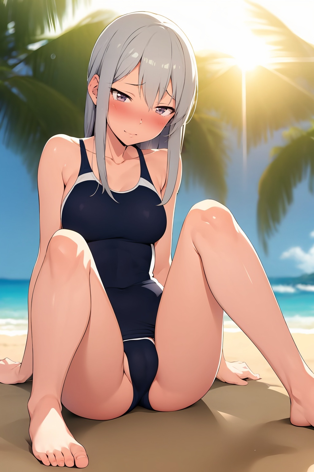 embarrassed anime girl sitting on beach,  1girl,  solo on Tensor.Art