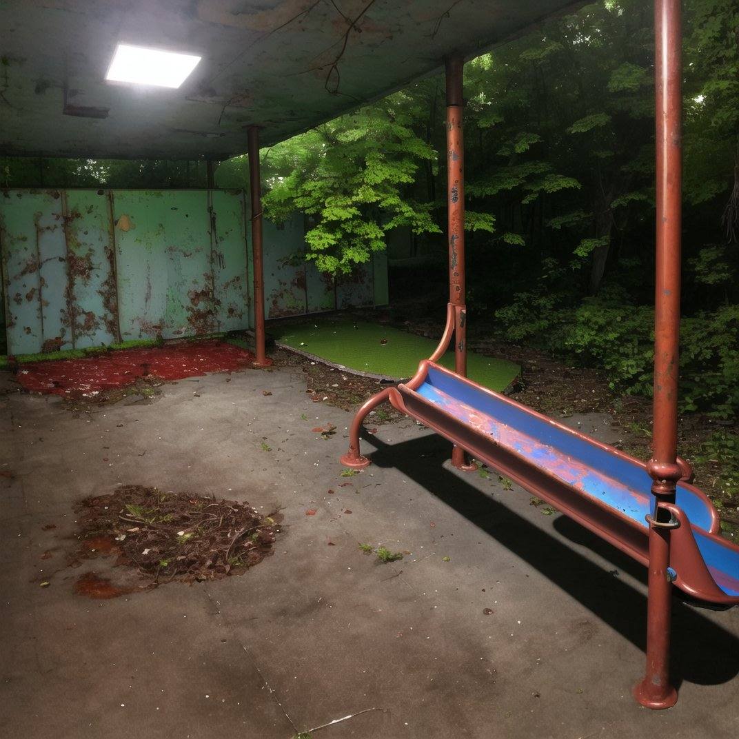 liminalspaces,  A deserted,  overgrown playground on Tensor.Art