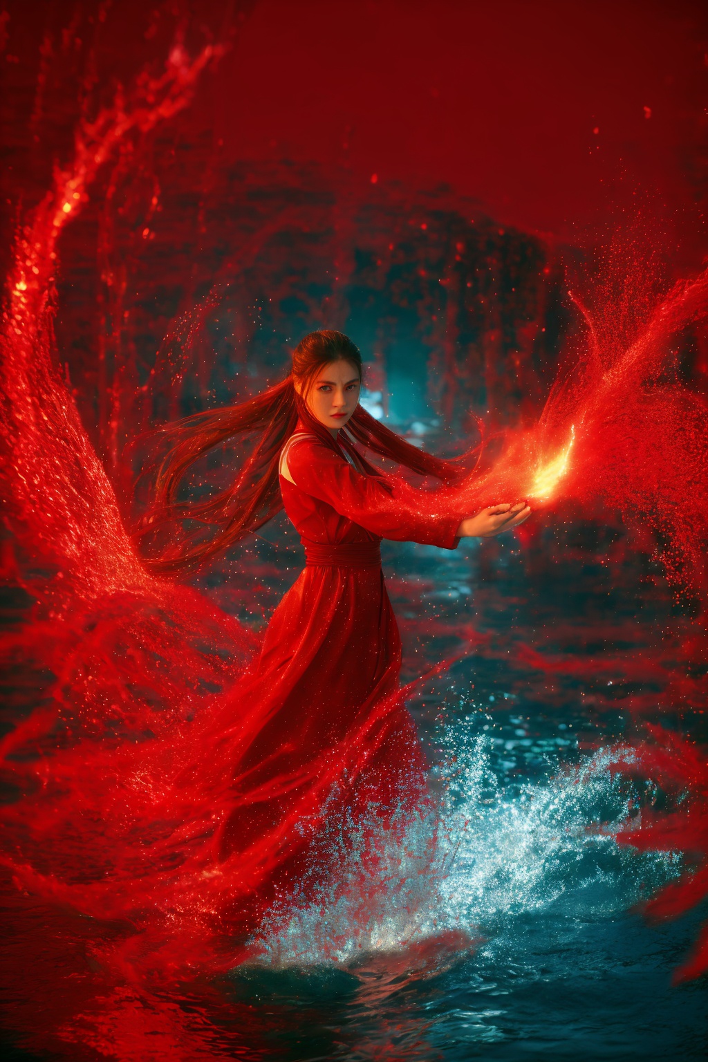 dancing,fighting stance,red-water-aura,using red-water-magic,red-water-magic,1girl,solo,long hair,blue eyes,common face,full body,<lora:magic_fighting_red_512_15:0.8>,