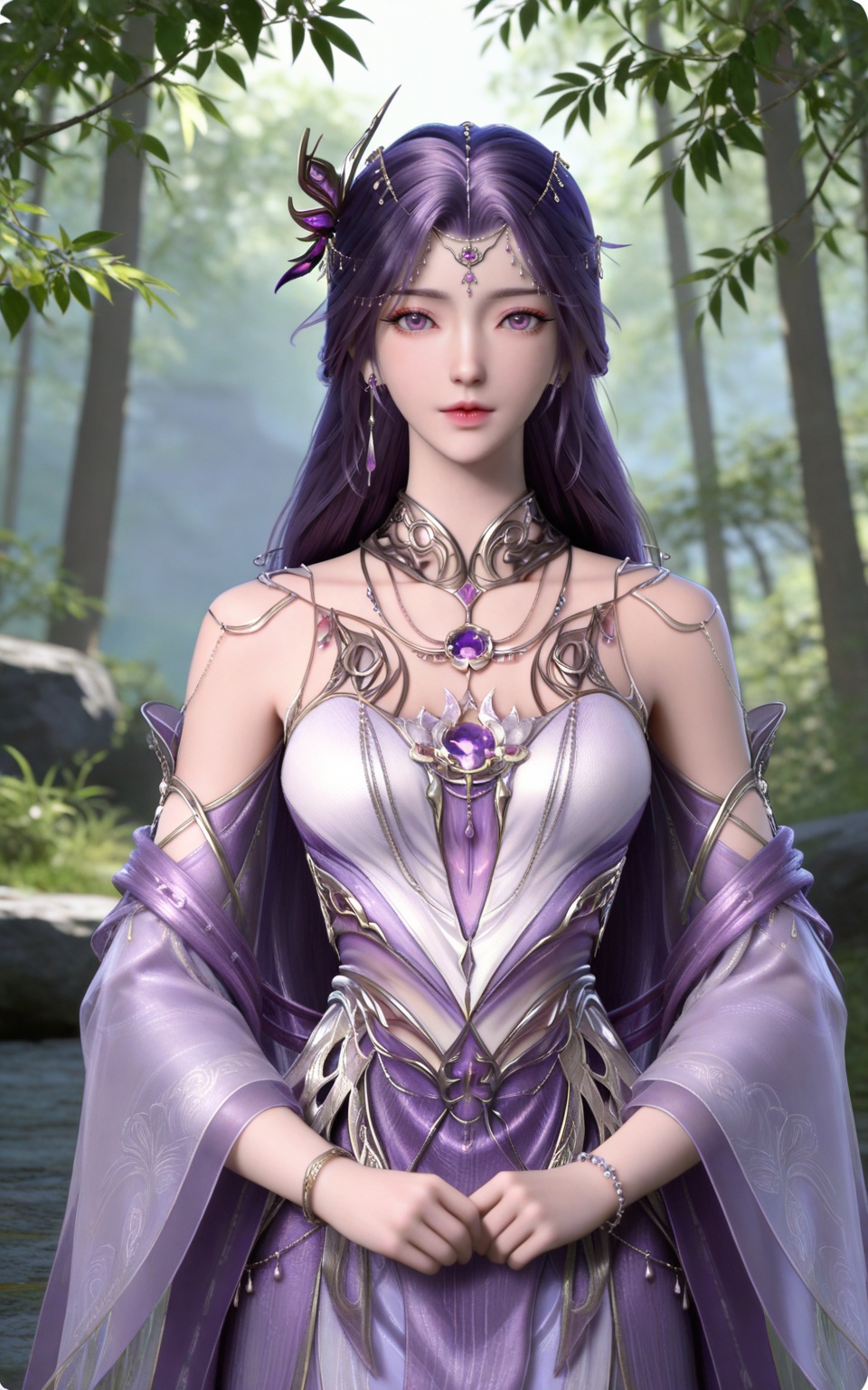 masterpiece,high quality,tall,game cg,highres,(soft light:1.2),(white_skin:0.6),(shiny_skin:0.6),(realistic:1.1),lvjing,<lora:云曦·新建模ILL:0.8>,purple hair,long hair,purple eyes,forehead_jewel,hair_ornament,earrings,necklace,gem,bare shoulders,detached_sleeves,long_sleeves,yunxi purple dress,1girl,solo,jewelry,bracelet,nature,looking_at_viewer,upper body,