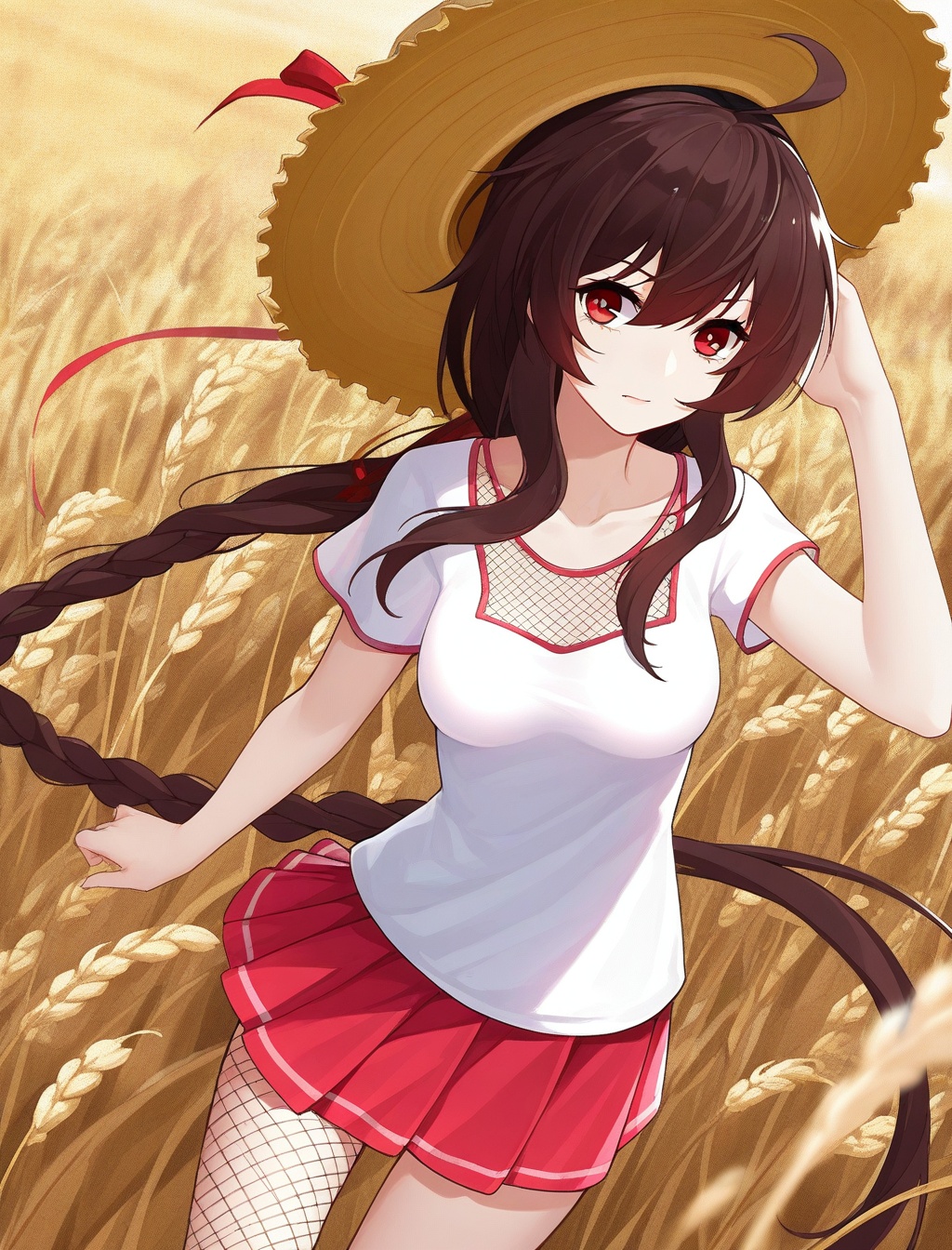 yuezheng ling,1girl,masterpiece,high quality,best quality,beautiful,Impossible shirt,pleated_skirt,fishnets,wheat field,loungewear,straw_hat,