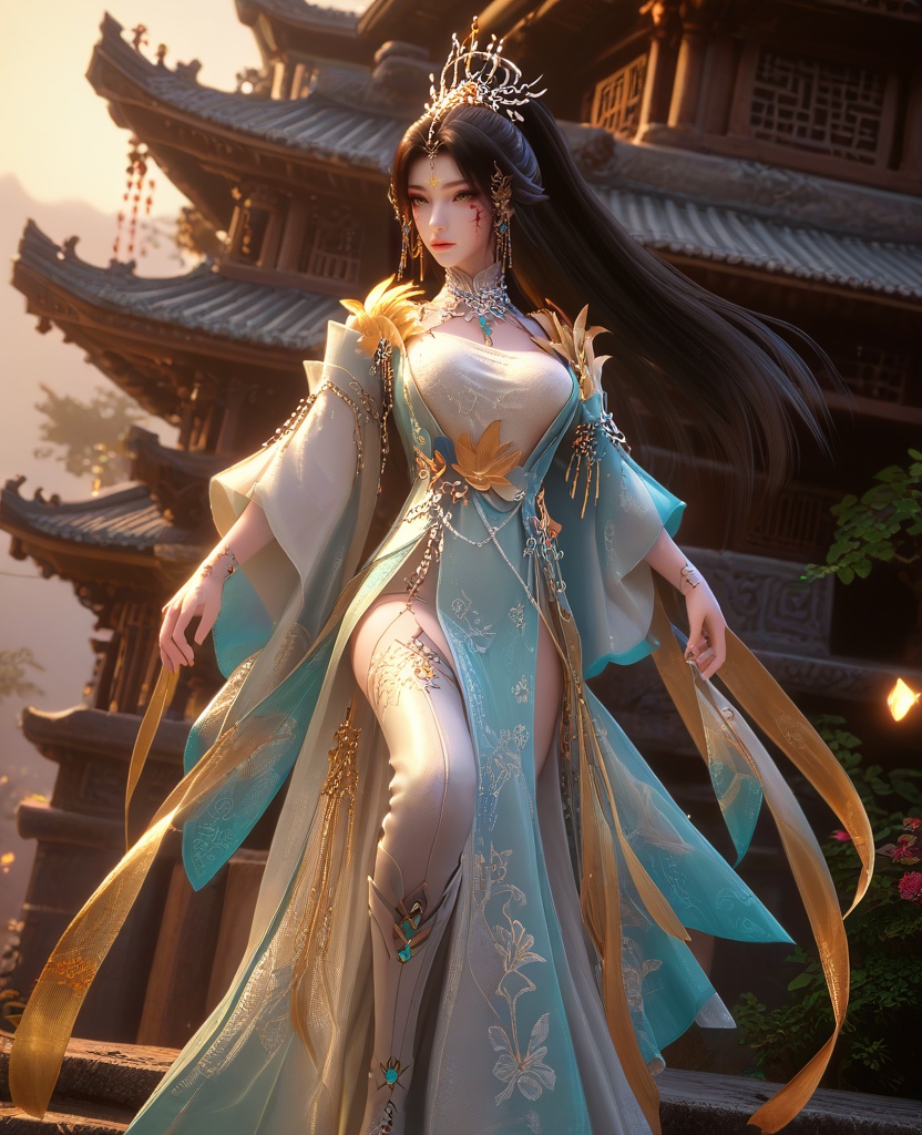 (oriental architecture, elegant decor, sophisticated style:1.1),(Hips up, arms spread,:1.1),Aerial view,(large breasts:1.2),shoes,<lora:XL16云深不知梦羲和四相融合:0.95>,miss xihe,cyan hanfu coat over white base dress,yellow hagoromo,yellow eyes,facial mark,black hair,half-up ponytail with long cascading hair,very long hair,hair ornament,jewelry,collar,faux floral embellishments,white leggings,white boots,, score_9,score_8_up,score_7_up,score_6_up,score_5_up,score_4_up,3d rendering,tag1,tag2, Cinematic Lighting,backlighting,