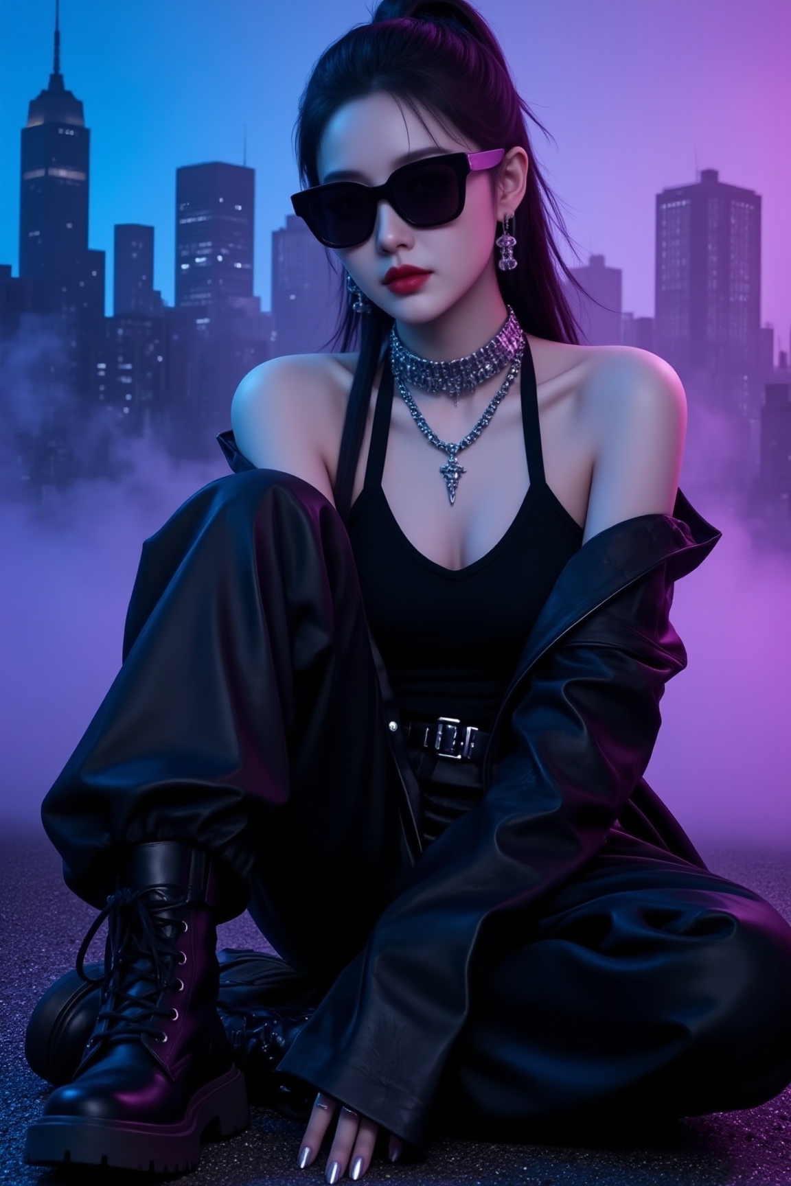 <lora:YY-拽姐F.1:1>,a young woman with a striking appearance and an edgy, gothic style. She is seated on the ground, legs crossed, with a dramatic pose that draws attention to her confident and rebellious demeanor. Her skin is fair, with a slight tan, and her dark hair is styled in a sleek, high ponytail. She wears large, black, square-shaped sunglasses that cover most of her face, adding a mysterious touch to her look. Her lips are painted in a bold, dark red lipstick, complementing her overall dark and bold aesthetic.She is dressed in a black leather jacket, worn off the shoulders, revealing a black, sleeveless top underneath. A chunky choker and multiple silver necklaces adorn her neck, adding to her punk-rock vibe. Her outfit is completed with black leather pants and combat boots, which exude a rugged, street style. The background features a cityscape silhouette of skyscrapers in shades of blue and purple, adding an urban, futuristic feel to the scene. The ground is a dark, rough texture, possibly concrete, and a layer of mist or smoke hovers around her, enhancing the moody, otherworldly atmosphere. The overall composition and lighting create a striking contrast between the dark, edgy elements