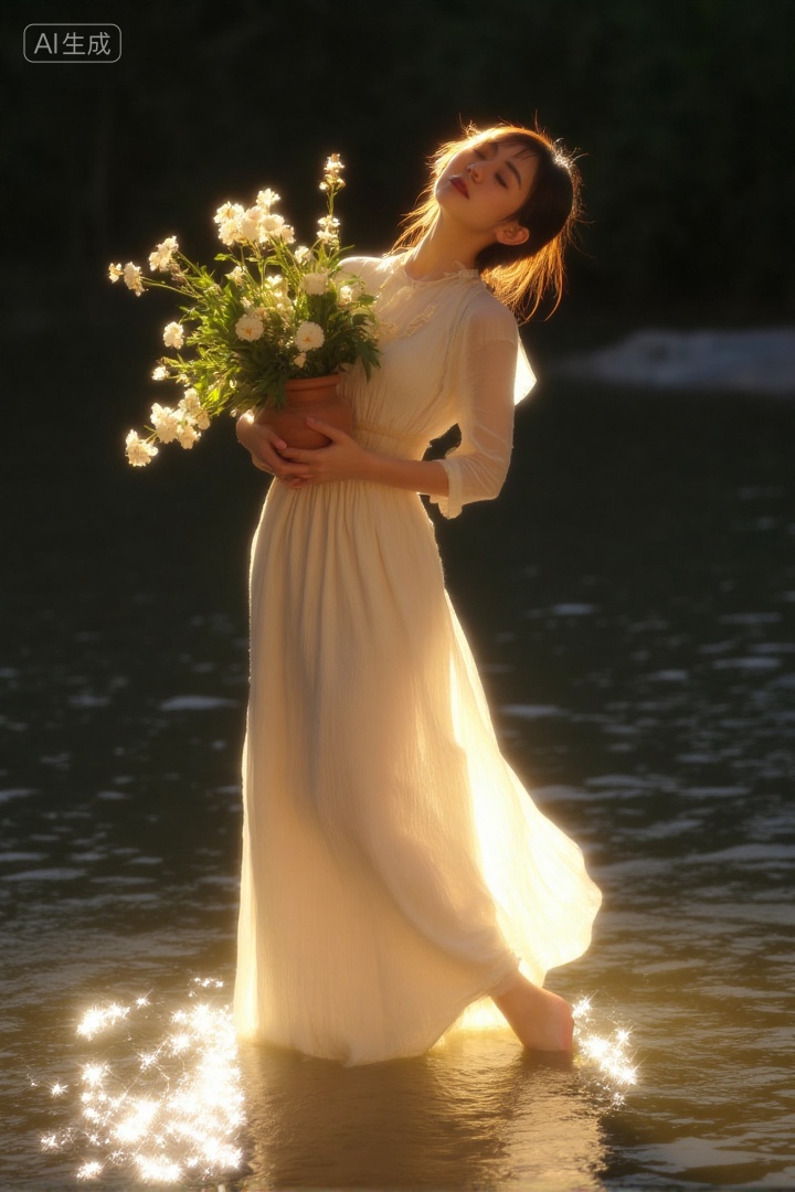 A woman wearing a flowing white skirt stands in water,holding a clay pot blooming with white flowers. The white skirt allows the light to pass through,revealing her elegant figure. Golden evening sunlight creates a glowing halo around her,with ripples reflecting on the water,creating an ethereal and poetic atmosphere. A dark twilight background,soft and dreamy lighting.,, Negative prompt: ng_deepnegative_v1_75t,(badhandv4:1.2),EasyNegative,(worst quality:2),,nsfw, Steps: 30, Sampler: Euler, CFG scale: 3.5, Seed: 3235210235, Size: 720x1080, Model hash: 8cba4f1ef4, Model: F.1基础算法模型-哩布在线可运行_F.1-dev-fp8.safetensors, Denoising strength: 0, RNG: CPU, Lora 1: 20250913-1757780180322-0001, Lora Hash 1: 2c61ab8cf8, Lora Weight 1: 0.8, vae_name: automatic