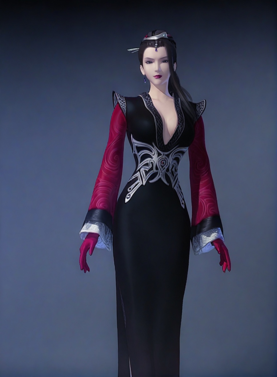 fair_skin,white_skin,score_9,<lora:SF_DaSiMing_Pony_Realism-000003:0.7>,black hair,black dress,long hair,hair ornament,1girl,breasts,medium breasts,standing,long sleeves,red gloves,solo,looking at viewer,simple background,cowboy_shot,