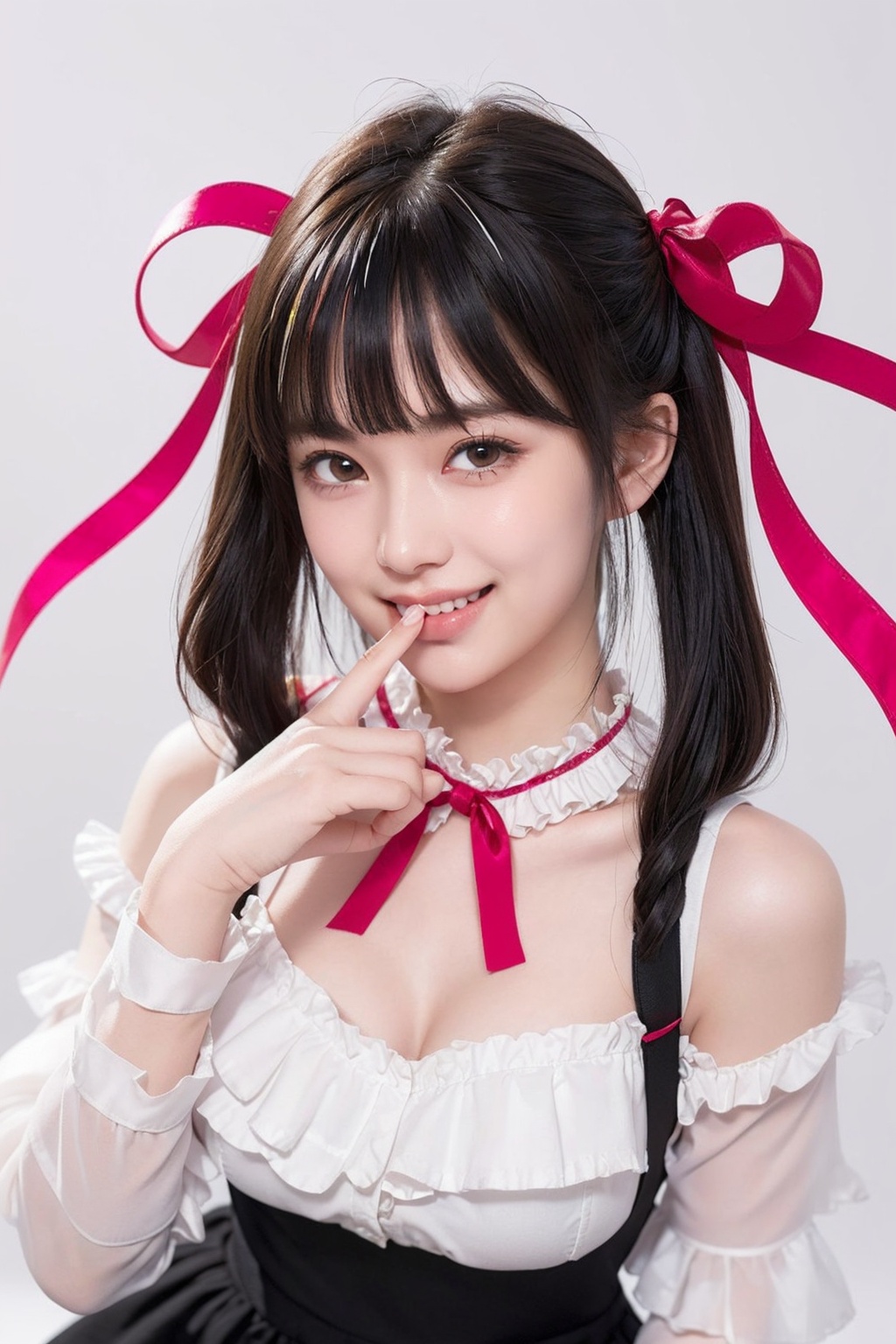 1girl,masterpiece,best quality,ultra-detailed,beautiful detailed,(((extremely detailed face))),(((blunt bangs))),(((streaked hair))),(((big frills and ribbon))),(hand_to_mouth:1.2),grin,(pink blouse),black skirt,suspender dress,frills,lace,jirai fashion,(twin tail),<lora:lightup_brightness面部光:1>,