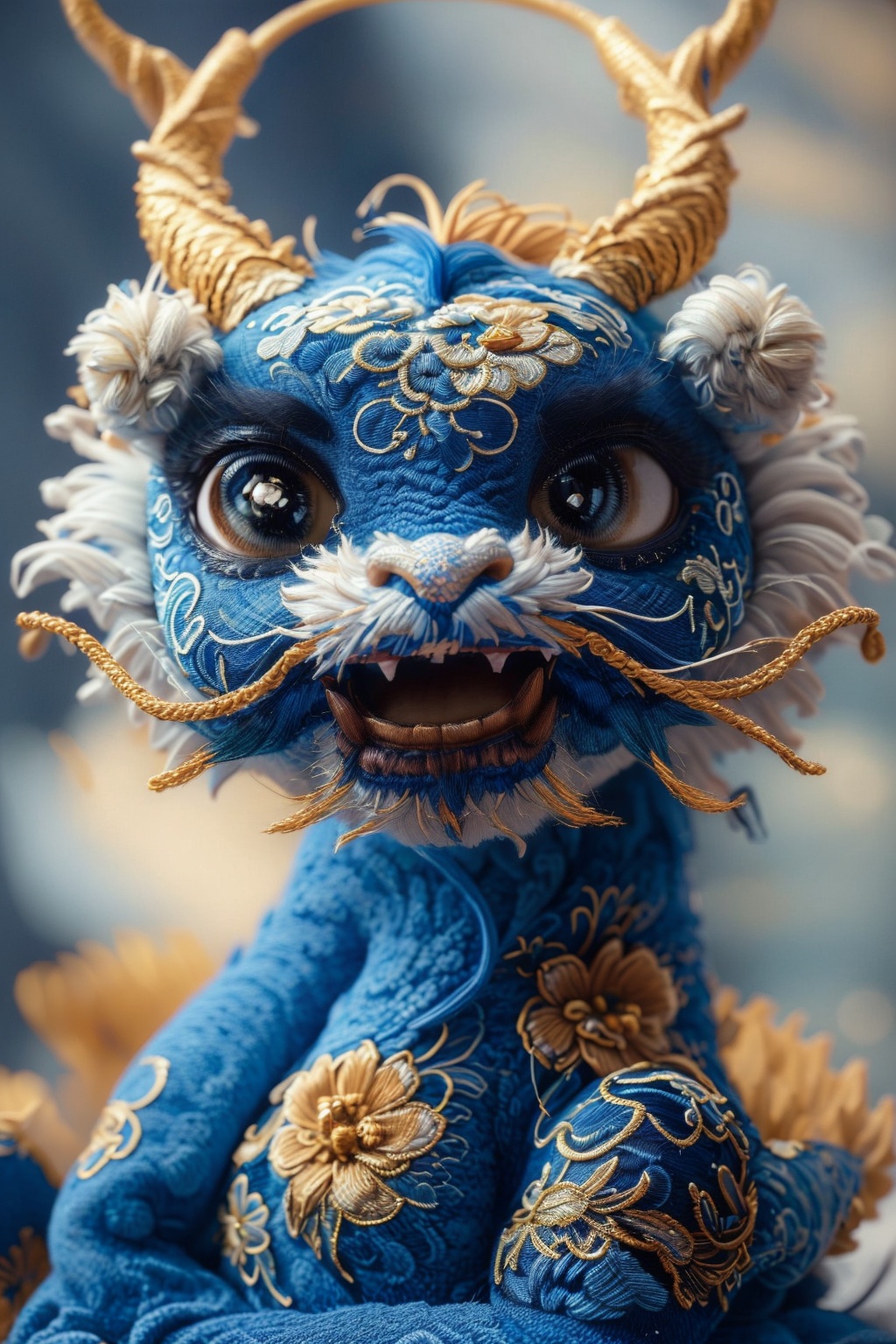 a blue and gold image of a Chinese Loong, realistic fine details, Chinese embroidery, horns, no humans, looking at viewer, open mouth, red eyes