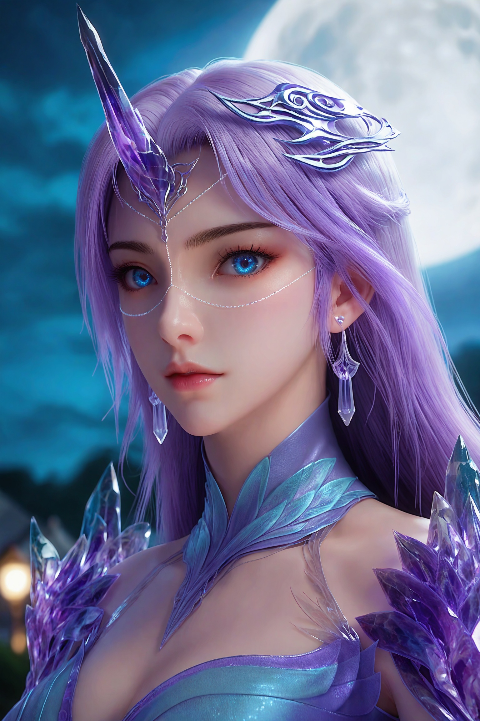 score_9,1girl,solo,shiny,shiny_hair,score_9,upper_body,portrait,fair_skin,white_skin,shiny_skin,shiny,Ivory_skin,looking at viewer,cinematic lighting,volumetric lighting,solo focus,blurry background,depth of field,night,sky,night sky,full moon,(huge planetary background:1),moonlight,<lora:e7635b:0.7>,long,flowing lavender hair,piercing blue eyes,an ornate,ethereal purple and blue gown that resembles a mix of armor and flowing fabric,adorned with intricate,crystalline patterns and feathers,spiraled horn,