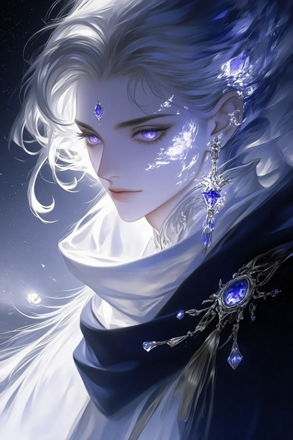 ZOZ_SUMIAOHH,ZOZ_SUMIAOMIAO,a digital illustration shoot from a profile camera angle about a mystical portrait of a woman with silver hair and purple eyes,adorned with jewelry,the image also shows a serene and elegant atmosphere,on the middle of the image,a young woman appears to be in her early twenties,with a calm and gentle expression,looking directly at the viewer,she has long,wavy,platinum blonde hair that falls down her back,and her eyes are a striking purple color,she is wearing a black cloak with a white shawl draped over her shoulders,and a pair of earrings with blue gemstones adorning her ears,her face is adorned with intricate,glowing silver patterns,and she has a closed mouth,giving off a sense of calmness and serenity,the background is a dark,starry night sky with a crescent moon,adding to the mystical ambiance of the scene,