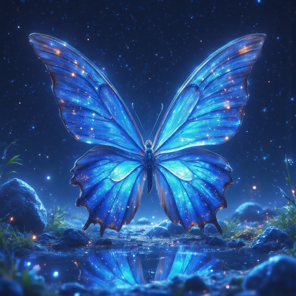 bug, butterfly, star (sky), no humans, sky, scenery, light particles, starry sky, blue theme, butterfly wings, reflection, glowing, blue butterfly, water, night, night sky, fantasy, wings, animal