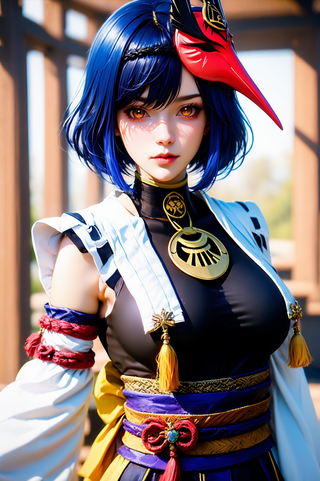 1girl, kujou sara, solo, short hair, mask on head, mask, breasts, detached sleeves, bird mask, yellow eyes, black hair, japanese clothes, vision \(genshin impact\), lips, blurry, tassel, looking at viewer, blurry background, large breasts, red lips, upper body, sash, closed mouth, black bodysuit, bodysuit, obi, blue hair, breast curtain, bow, wide sleeves, yellow bow, torii, sleeveless, necklace, orange eyes, medium breasts, jewelry, depth of field, nose