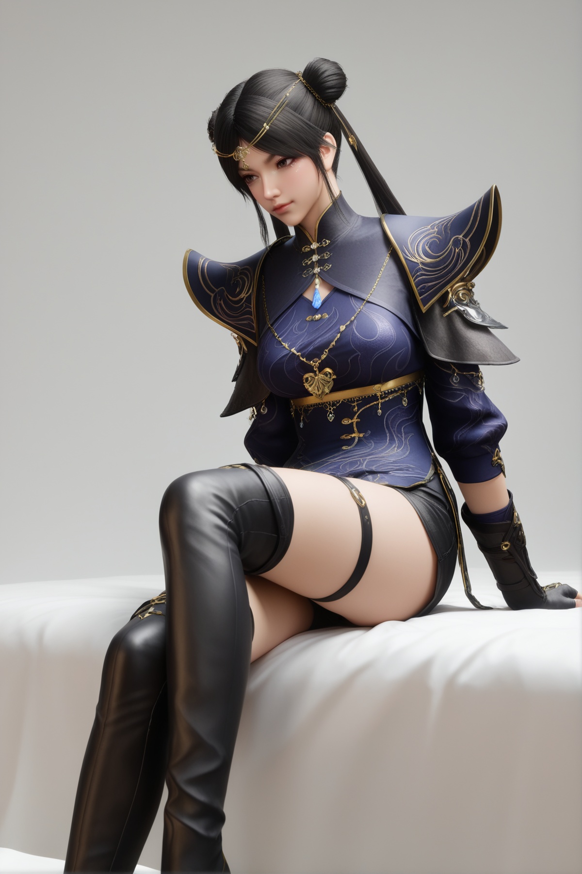 masterpiece,best quality,realistic,cinematic,detail eyes,(ultra-detailed),perfect composition,intricate details,absurdres,detailed face,high quality,high res,8K,<lora:X_lishaoying_IL4.0:0.8>,black hair,brown eyes,twintails,double bun,1girl,long hair,breast,medium breast,hair_ornament,dress,fingerless gloves,gloves,thigh strap,thigh boots,shorts,sitting,bed,simple background,