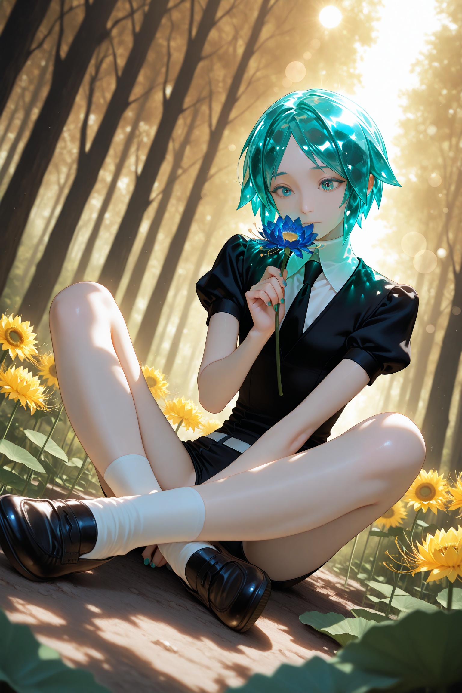 masterpiece,best quality,amazing quality,very aesthetic,absurdres,newest,extreme aesthetic,in the style of fashion photography,light particles,cinematic lighting,Visual impact,sharp focus,Emotionalization,depth of field,dutch angle,scenery,highres,phosphophyllite,gem uniform \(houseki no kuni\),solo,extremely exquisite female facial description,eye reflection,colorful,detailed light,light leaks,sunlight,shine,bokeh,blurry foreground,ray tracing,lens flare,cinematic lighting,sunflower,spider lily,blue flower,(realistic:0.8),foreshortening,outdoors,sitting,forest,lotus position,indian style,shoes,holding flower,