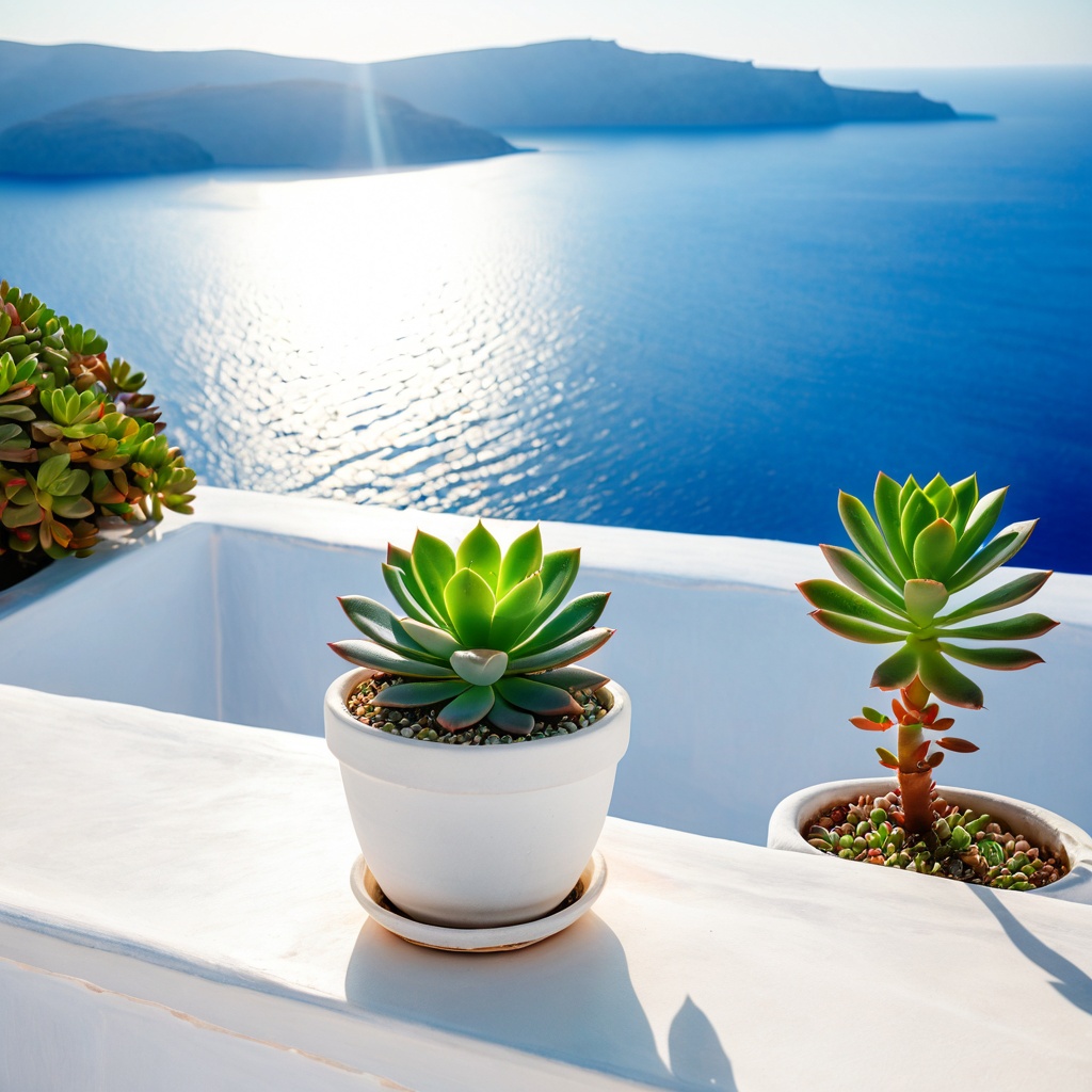 scenegreekislan,  a small potted succulent,  Greek island whitewashed terrace on Tensor.Art