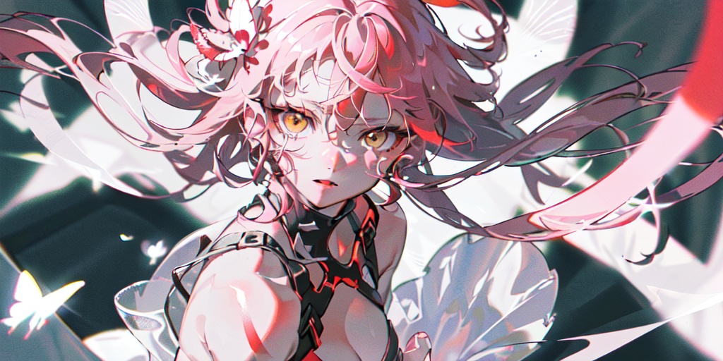 girl,very red hair,yellow eyes,bright light,(depth of field),(ultra-detailed),(delicate face),(dynamic_angle),floating colorful wind,(floating crystal with reflect), medium breasts,(chaotic geometric images:1.3),(looking at viewer), colorful_butterfly