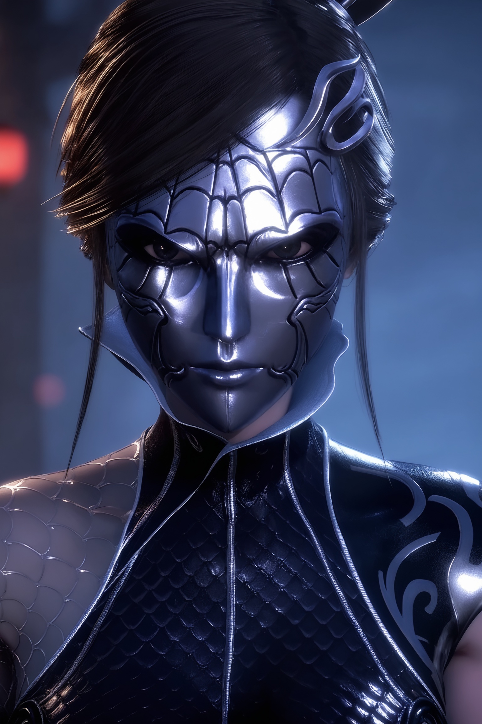 This is a highly detailed CGI rendering of a futuristic warrior,portrayed in a dramatic,close-up,low-angle perspective. The subject is a humanoid figure with a metallic,armor-like skin and a helmet that covers the face,giving it a sinister,robotic appearance. The helmet has a sleek,shiny surface with intricate,web-like patterns that reflect the light,creating a mesmerizing,almost ethereal effect. The eyes are highlighted by a piercing blue light,giving a sense of intensity and intelligence. The warrior's hair is short and styled in a way that fits the futuristic aesthetic.,The background is a dimly lit,misty environment,with a hint of a castle-like structure visible in the distance,adding an element of mystery and depth. The colors in the scene are predominantly cool,with blues,purples,and silvers dominating,enhancing the futuristic theme. The textures of the armor and the misty background are highly detailed,with a glossy,metallic sheen on the armor and a soft,diffused quality to the mist. The overall mood is one of otherworldly,high-tech intrigue,with the warrior's imposing presence dominating the frame.,<lora:秦时明月S6-女刺客Pony:0.7>,metallic,(spiderweb-like mask,mask covers  face:1.2),