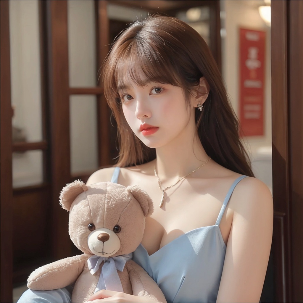 1girl,blurry,breasts,brown_eyes,brown_hair,cleavage,collarbone,dress,jewelry,lips,long_hair,looking_at_viewer,medium_breasts,necklace,realistic,solo,stuffed_animal,stuffed_toy,teddy_bear,upper_body, <lora:meinv76:0.6>
