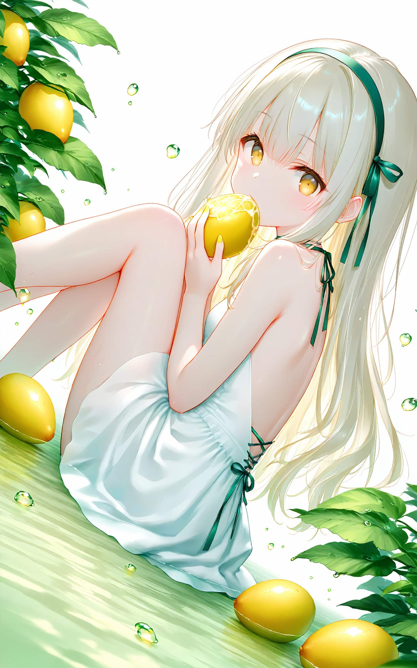 masterpiece,very aware,highres,absurdres,newest,best quality,high quality,chromatic_aberration,cinematic_angle,dutch angle,blurry_foreground,//,1girl,food,fruit,lemon,solo,dress,looking_at_viewer,lemon_slice,white_dress,yellow_eyes,long_hair,water_drop,ribbon,holding_food,yellow_nails,sleeveless_dress,white_background,nail_polish,white_hair,bare_shoulders,hairband,sleeveless,legs_up,backless_dress,holding,blonde_hair,lime_\(fruit\),breasts,hair_ribbon,from_side,holding_fruit,bare_arms,green_ribbon,backless_outfit,water,eating,looking_to_the_side,green_nails,simple_background,//,photorealistic,Artist:na-ga,(quasarcake:0.2),(wanke:0.9),[Artist:chen bin],Artist:tidsean,[Artist:sk (askzy)],(artist:tokkyu:0.5),(artist:momoko \(momopoco\):0.5),himitsu_(hi_mi_tsu_2),//,