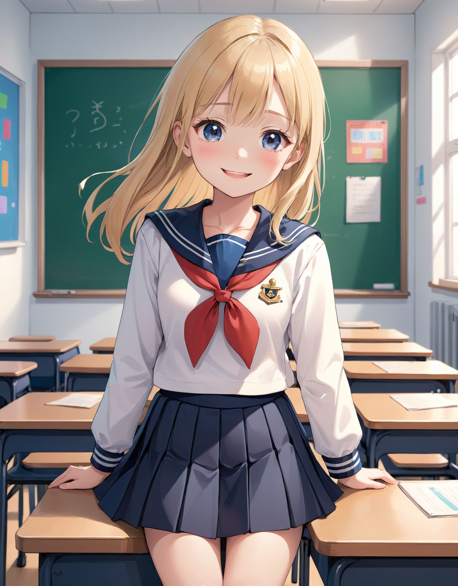 Illustration of a cheerful cute girl with forehead blonde straight hair in a classroom.She is wearing a sailor uniform wit...