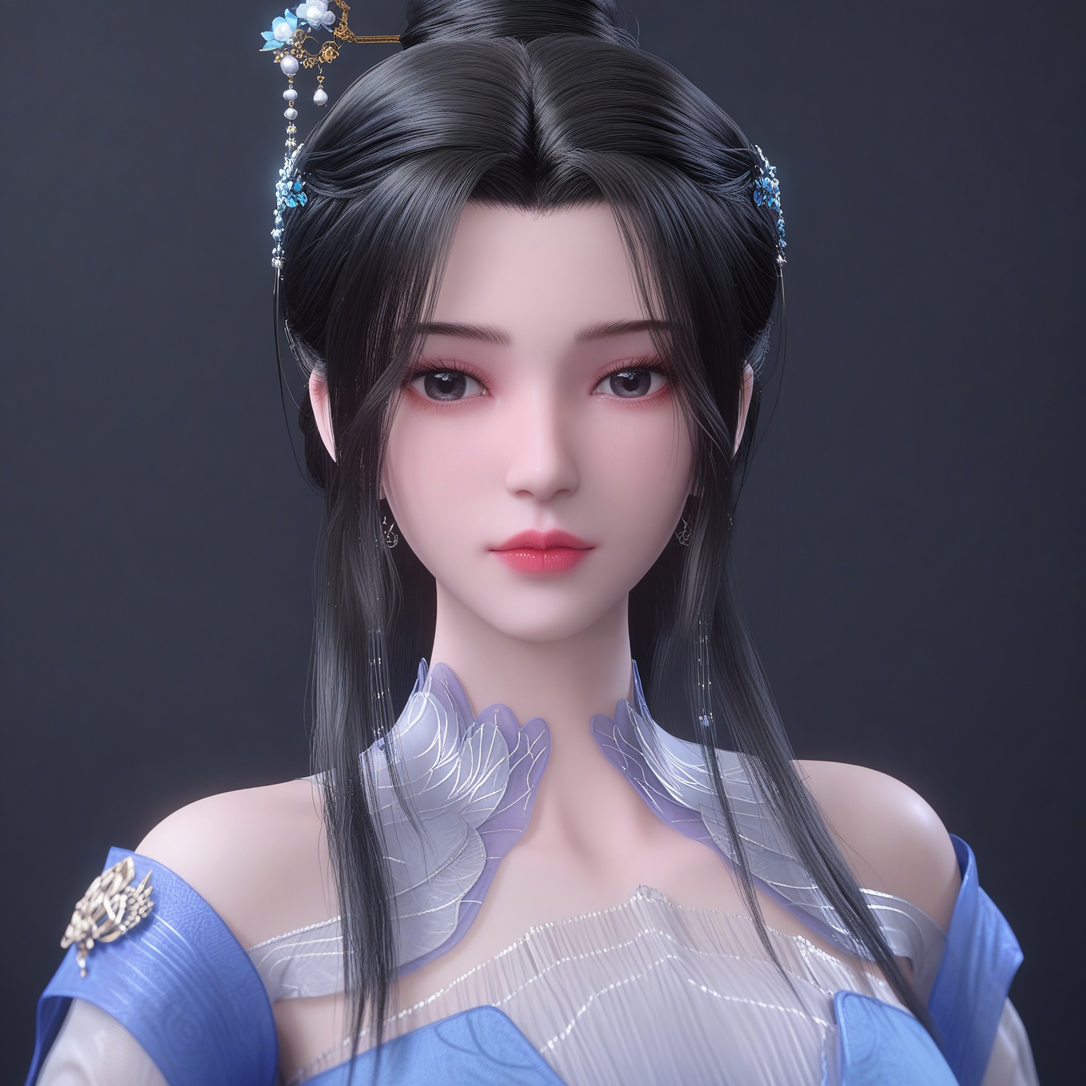 (upper_body:1.1),(huge breasts:0.9),67.<lora:YQponylimuwan1V4:0.8>,(q1528437228:1.1),solo,1girl,black_hair,long_hair,hair_ornament,dress,jewelry,earrings,blue_dress,hair_bun,chinese_clothes,long_sleeves,single_hair_bun,realistic,black_eyes,bare_shoulders,ponytail,hanfu,see-through,hair_stick,detached_sleeves,,blush,(looking_at_viewer:1.1),BREAKintricate details,shiny_skin,solo focus,(blurry background:1.1),(depth of field:1.1),perfect_anatomy,(cinematic lighting:0.9),(volumetric lighting:0.9),(simple background,pure black background,black background:1.1),