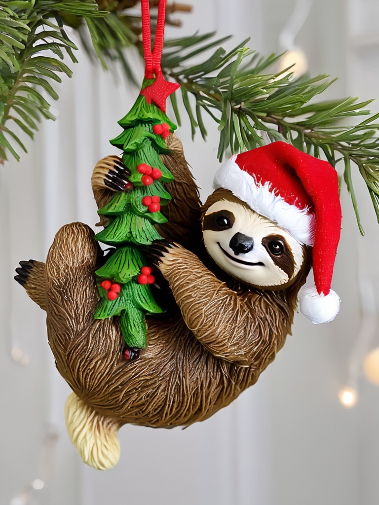 XmasBushy,A festive sloth ornament,donned in a Santa hat and holding Christmas decorations.,<lora:Pony.CNDragonMB:0.8>,