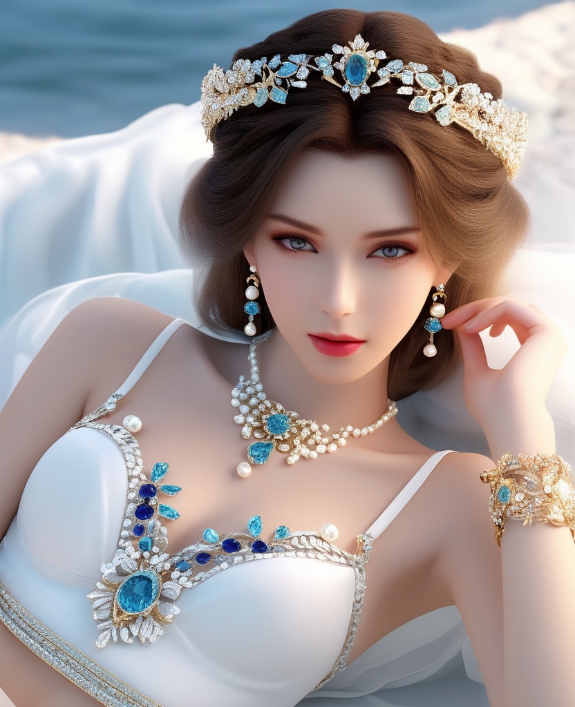 <lora:592-DA-XL-星辰变-姜立:0.8>(,1girl, ,best quality, ),looking at viewer,masterpiece, ((((1girl, solo , lying, )))) (cleavage), (), ,ultra realistic 8k cg,   clean, masterpiece,      (( , )),,  , unreal, science fiction, luxury, jewelry, diamond, gold, pearl, gem, sapphire, ruby, emerald, intricate detail, delicate pattern, charming, alluring, seductive, erotic, enchanting, hair ornament, necklace, earrings, bracelet, armlet,halo,(cleavage),, (),