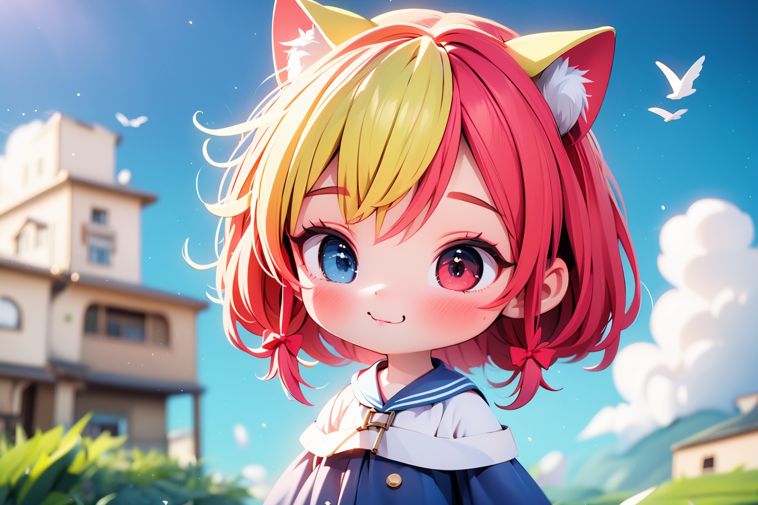 1girl,bangs,beach,bird,black legwear,(heterochromia:1.4),(red eyes:1.4),(blue eyes:1.4),very long blonde hair,cat ears clouds,blue sailor collar,blue skirt,blue sky,blush,red bow,closed mouth,cloud,cloudy sky,condensation trail,day,standing by the sea,