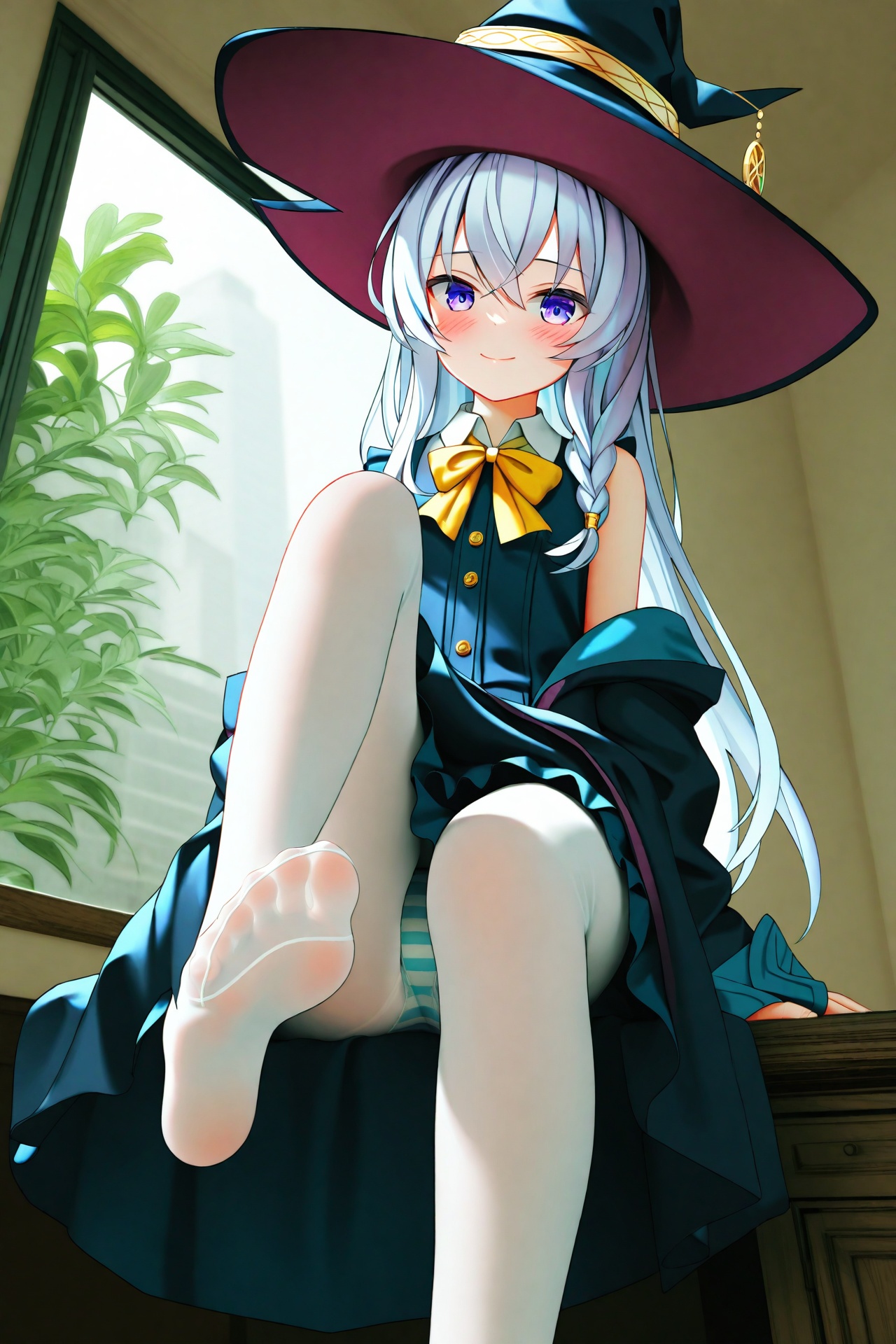 masterpiece,best quality,illustration,ultra detailed,hdr,Depth of field,(colorful),[iumu],[Artist chen bin],nai3 Style,elaina (majo no tabitabi),1girl,feet,pantyhose,striped clothes,solo,striped panties,underwear,panties,toes,soles,hat,long hair,purple eyes,looking at viewer,witch hat,no shoes,shirt,smile,white pantyhose,legs,blush,skirt,white shirt,foot focus,bow,sitting,frilled skirt,black headwear,yellow bow,panties under pantyhose,frills,braid,white hair,yellow bowtie,robe,indoors,black robe,collared shirt,closed mouth,hair between eyes,black skirt,bowtie,plant,grey hair,foot out of frame,window,presenting foot,knee up,sleeveless,